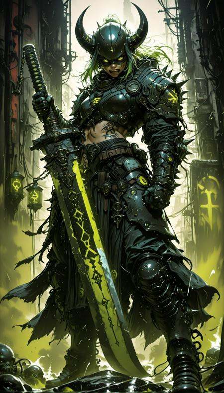 hkstyle,,    holding weapon, fighting stance, holding  buster sword,huge weapon,,  fantasy anime style, anime artwork, official art, highly detailed, vibrant colors, magical atmosphere, digital painting, ethereal glow, soft shadows, cinematic lighting masterpiece, best quality, high quality, ultra-detailed, realistic,  traditional media, western comics \(style\) ,limited palette, partially colored, vivid_color, high contrast, speed lines, sound effects, move_effects, action Create a detailed digital artwork portraying a menacing, armored figure with a greenish hue, set against a dark, atmospheric backdrop. The figure's armor is intricately detailed, with sharp, angular designs and glowing green eyes, suggesting a sense of power or danger. The armor is adorned with various symbols and emblems, including a prominent emblem on the chest. The character wields a large, menacing weapon, and their pose suggests readiness for combat. The color palette is dominated by shades of green, black, and gray, with splashes of red and blue, adding to the eerie ambiance. The overall style is reminiscent of cyberpunk aesthetics, with a focus on high-tech, dystopian themes. The scene is captured from a frontview angle, focusing on the full body of the figure. solo, 1boy, holding, jewelry, green_eyes, male_focus, weapon, horns, sword, holding_weapon, armor, tattoo, mask, glowing, chain, holding_sword, helmet, katana, sheath, spikes, rain, cyborg, cyberpunk, hkstyle,,    holding weapon, fighting stance, holding  buster sword,huge weapon,,  fantasy anime style, anime artwork, official art, highly detailed, vibrant colors, magical atmosphere, digital painting, ethereal glow, soft shadows, cinematic lighting