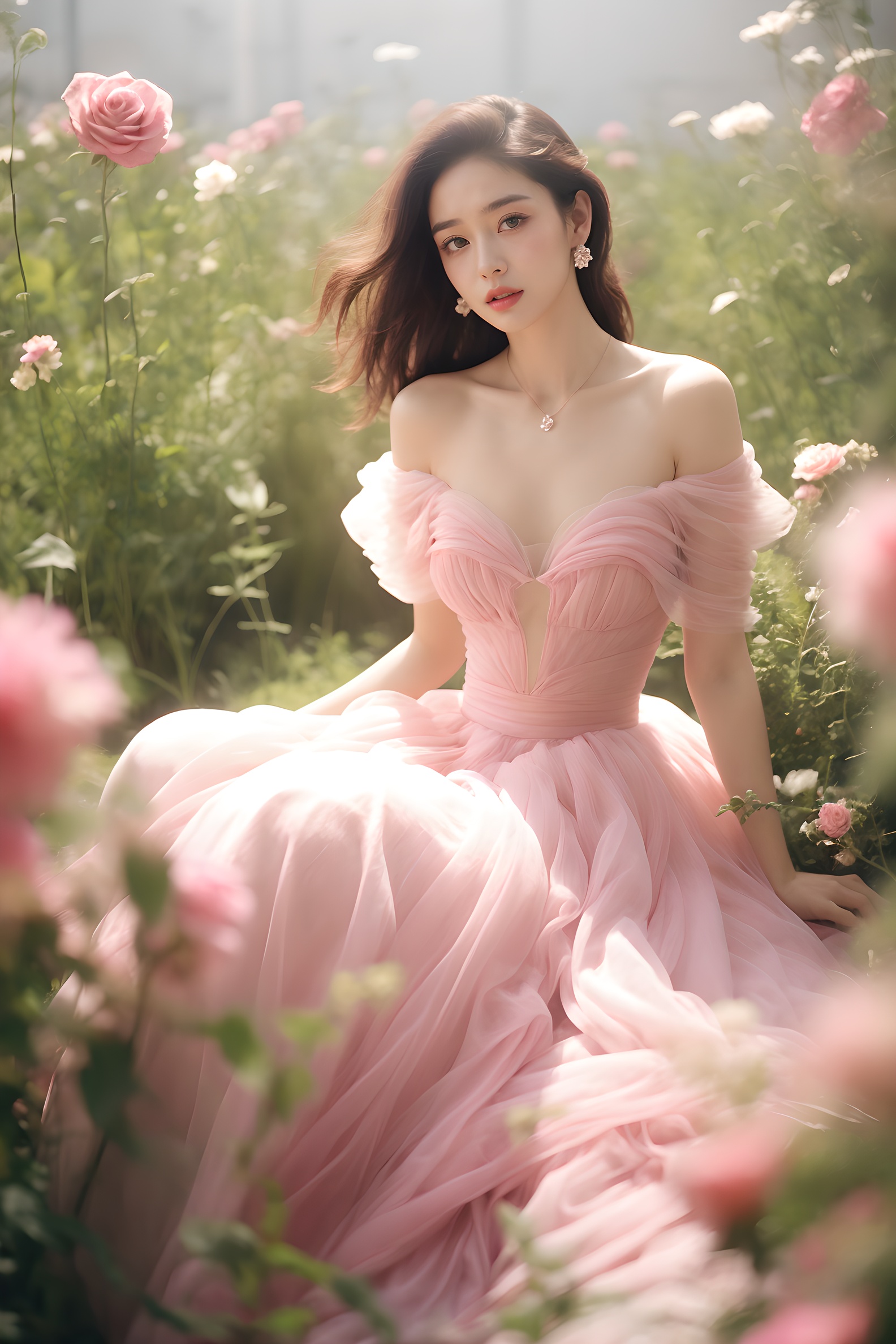 1girl, dress, flower, solo, brown hair, pink dress, sitting, rose, plant, long hair, blurry, bare shoulders, pink flower, jewelry, pink rose, necklace, depth of field, off-shoulder dress, parted lips, off shoulder, breasts, looking at viewer, collarbone, lips, vines, strapless, princess, strapless dress, blurry foreground, full body, earrings , <lora:wlqc_20230821082603:0.7>