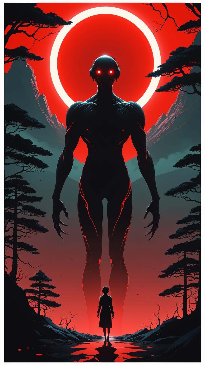 Scif vibes, Otherworldly, Cinematic, Ominous mountain, digital art, inspired by Cyril Rolando, digital art, blood red moon, forest, Japanese temple, beeple and jeremiah ketner, symmetrical digital illustration, realism | beeple, over detailed art, music album art, In a desolate, moonlit landscape, a lone figure emerges, their silhouette contorted and grotesque against the eerie glow, Closer inspection reveals a fusion of organic and mechanical elements and sinister tendrils of pulsating flesh intertwining with cold, metallic structures, The figure's skin appears as if it's unraveling, revealing glimpses of something otherworldly beneath, The air is thick with an otherworldly hum, and a sickly, iridescent light emanates from the aberrant fusion, This image prompt invites exploration into the realm of body horror, prompting creative minds to unravel the unsettling narrative within this grotesque tableau