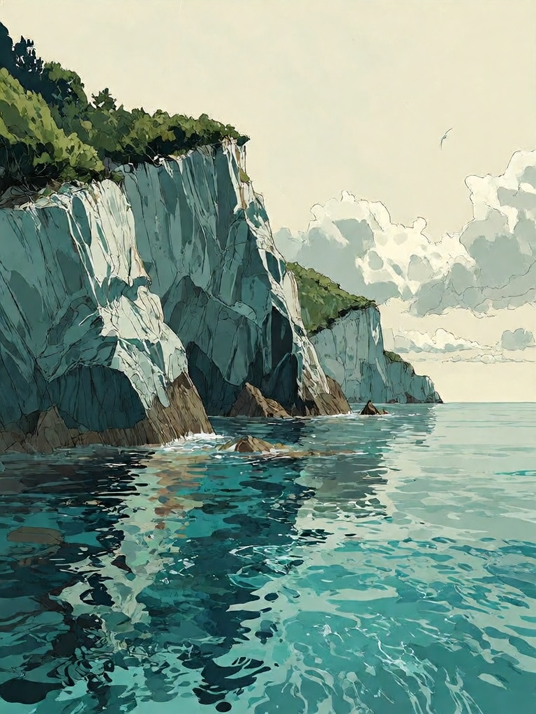 Bradhamel art style.**** A serene coastal landscape featuring towering,  jagged cliffs with layered teal and dark green ro...