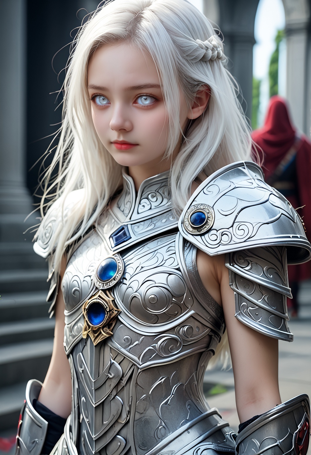 1girl,small breasts,white hair,mysterious,alluring white eyes a paragon of beauty,detailed intricate armour,