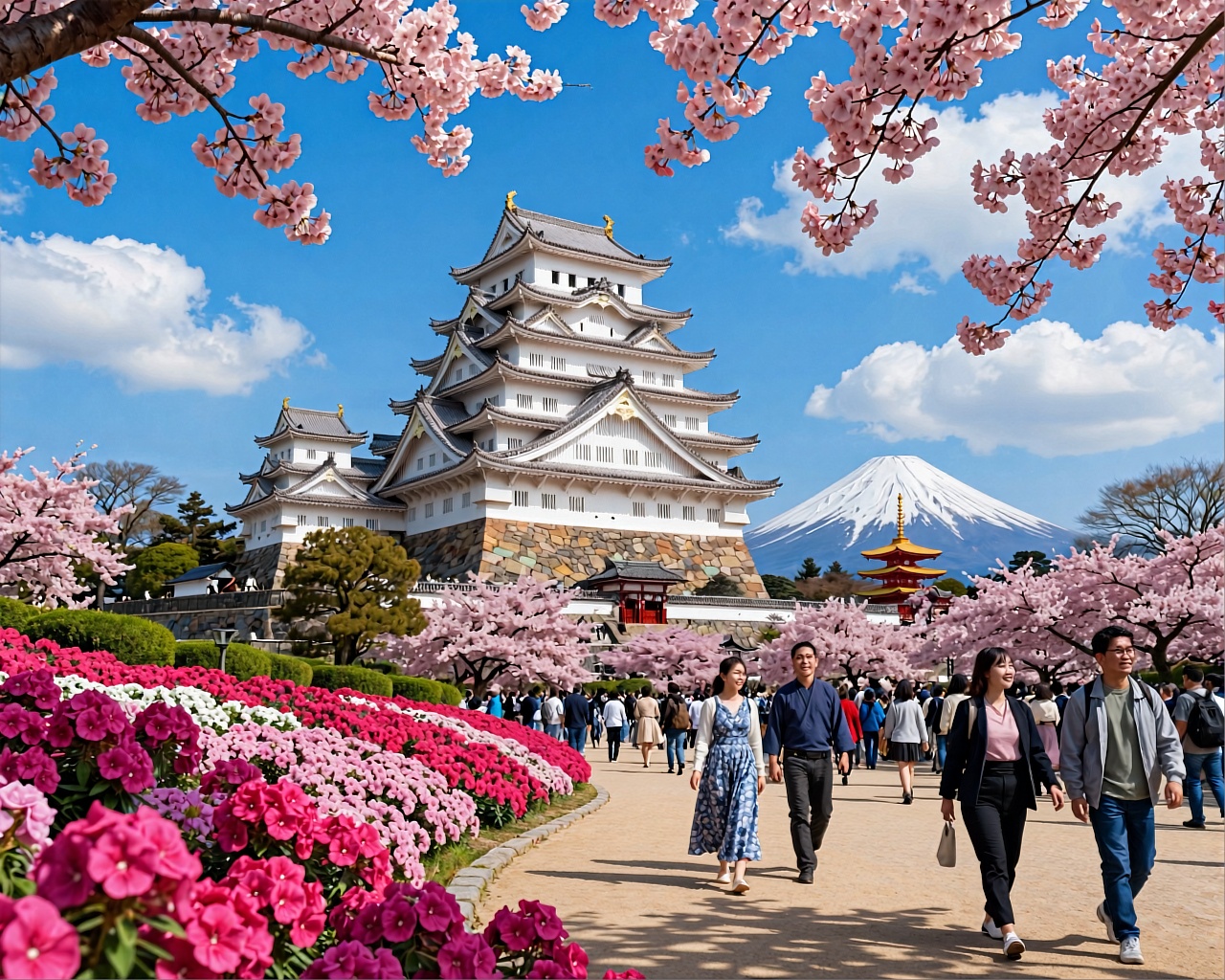 A breathtakingly vibrant Japanese landscape captured under a brilliant blue sky scattered with fluffy white clouds,  featu...