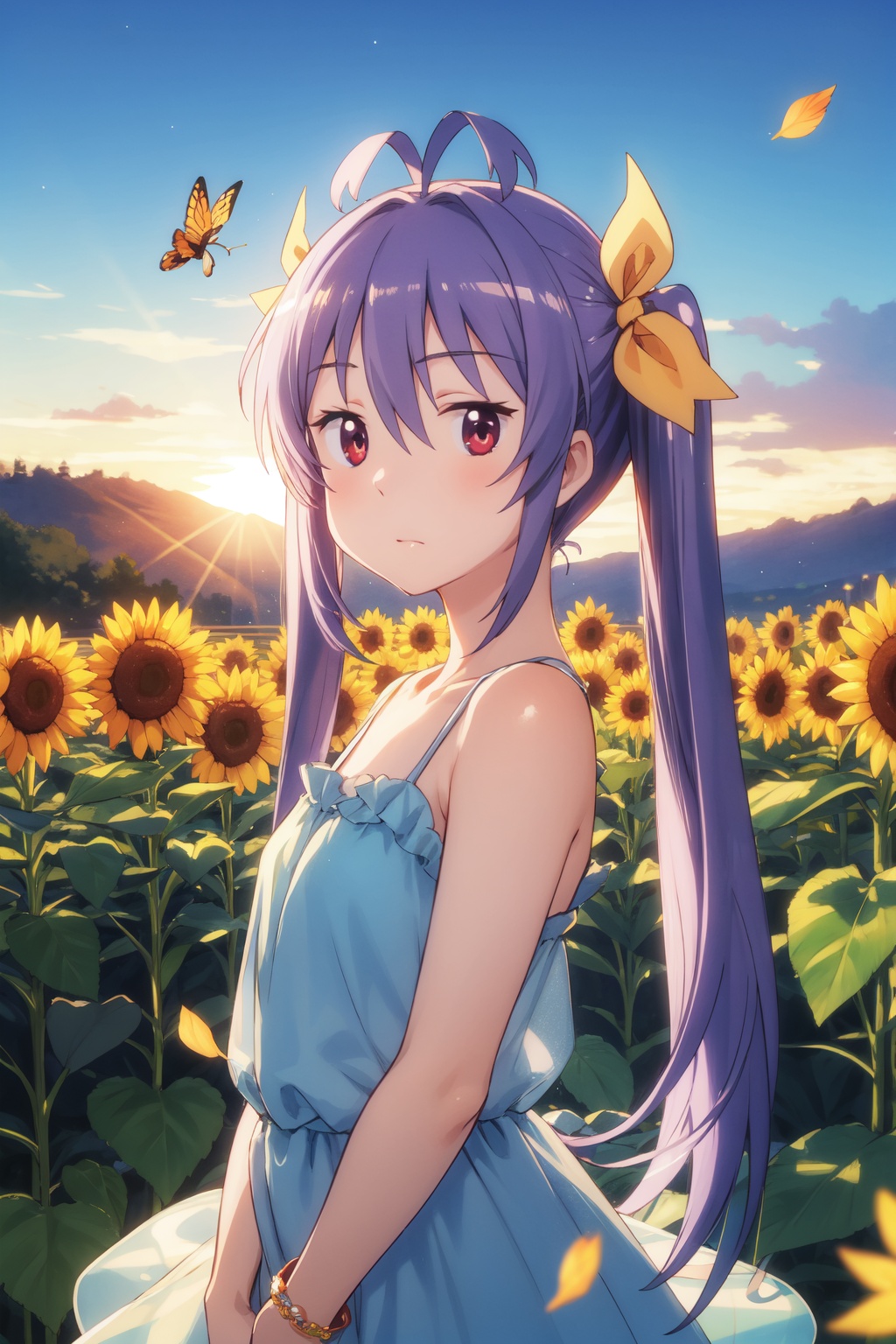 <lora:Renge-000003:0.8>,Renge CYQL,1girl,looking at viewer,solo,twintails,purple hair,long hair,antenna hair,hair ribbon,red eyes,loli,satin slip dress with metallic heels and a statement bracelet.,Surprised, Wide-open eyes, a raised brow, and an open mouth.,upper_body,beautiful face,beautiful eyes,glossy skin,shiny skin,Sunflowers, Field, Dawn, Golden petals, Bees, Sunlight, Horizon, Harvest,(Heather blooms, Coastal cliffs, Ocean views, Coastal breeze, Heather carpet, Cliffside panorama:0.6),beautiful detailed sky,beautiful detailed glow,masterpiece,best quality,beautiful and aesthetic,wallpaper,