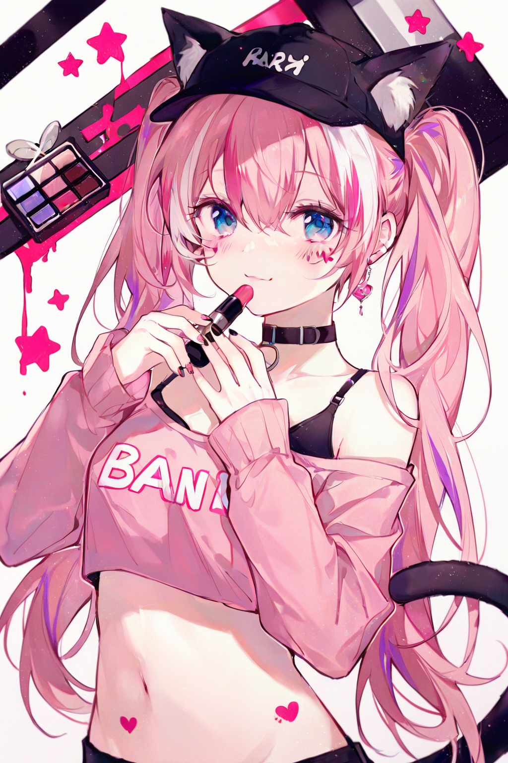 quality,amazing quality,very aesthetic,1girl, solo, long_hair, hat, off_shoulder, blue_eyes, multicolored_hair, long_sleeves, twintails, animal_ears, black_headwear, looking_at_viewer, crop_top, baseball_cap, midriff, navel, shirt, pink_shirt, bare_shoulders, upper_body, cat_ears, cosmetics, streaked_hair, closed_mouth, tail, choker, pink_hair, lipstick_tube, hands_up, earrings, smile, bra_strap, cat_tail, stomach, facial_mark, animal_ear_fluff, very_long_hair, black_choker, cat_girl, nail_polish, blush, grey_hair, fake_animal_ears, purple_hair, hair_between_eyes, star_\(symbol\), white_hair, jewelry, sleeves_past_wrists, off-shoulder_shirt