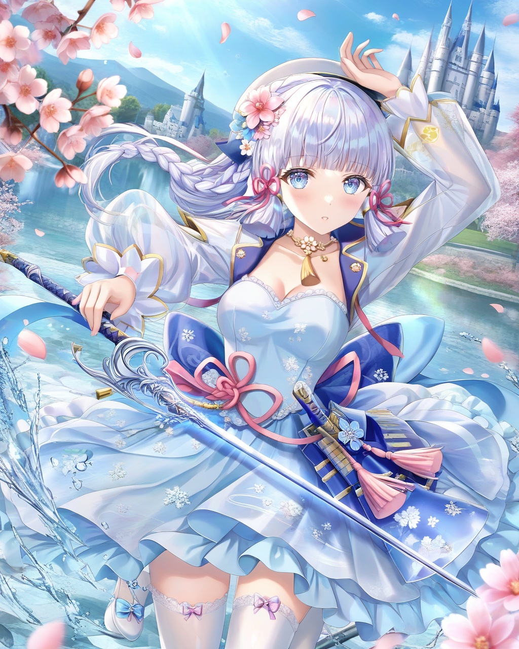 1girl, weapon, sword, breasts, solo, blue eyes, holding weapon, holding sword, holding, thighhighs, dress, bangs, looking at viewer, white dress, petals, long sleeves, flower, blue hair, medium breasts, outdoors, hat, bow, white thighhighs, blunt bangs, ice, frills, parted lips, rapier, standing, cherry blossoms, short hair, water, day, arm up, castle, puffy sleeves, cleavage, sky, braid, hair ornament, blush, backless outfit, white hair, ribbon, pink flower, blue sky, frilled dress, white headwear, standing on one leg, blue bow, see-through, gem, pink bow, kamisato ayaka, jewelry, cloud, puffy long sleeves, crystal, blue dress, long hair, left-handed, hair flower