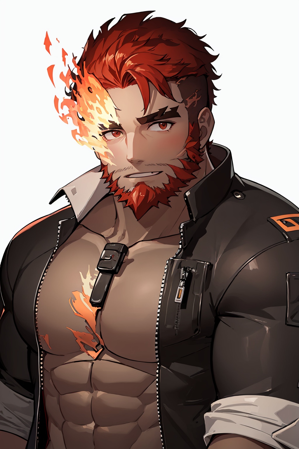 masterpiece,best quality, highly detailed, hephaestus (housamo),bara,mature male,beard,thick eyebrows,muscular male,eyebrow cut,1boy,solo,dark-skinned male,flaming eye,looking at viewer,upper body,large pectorals,<lora:hephaestus_(housamo):1>,simple background,white background