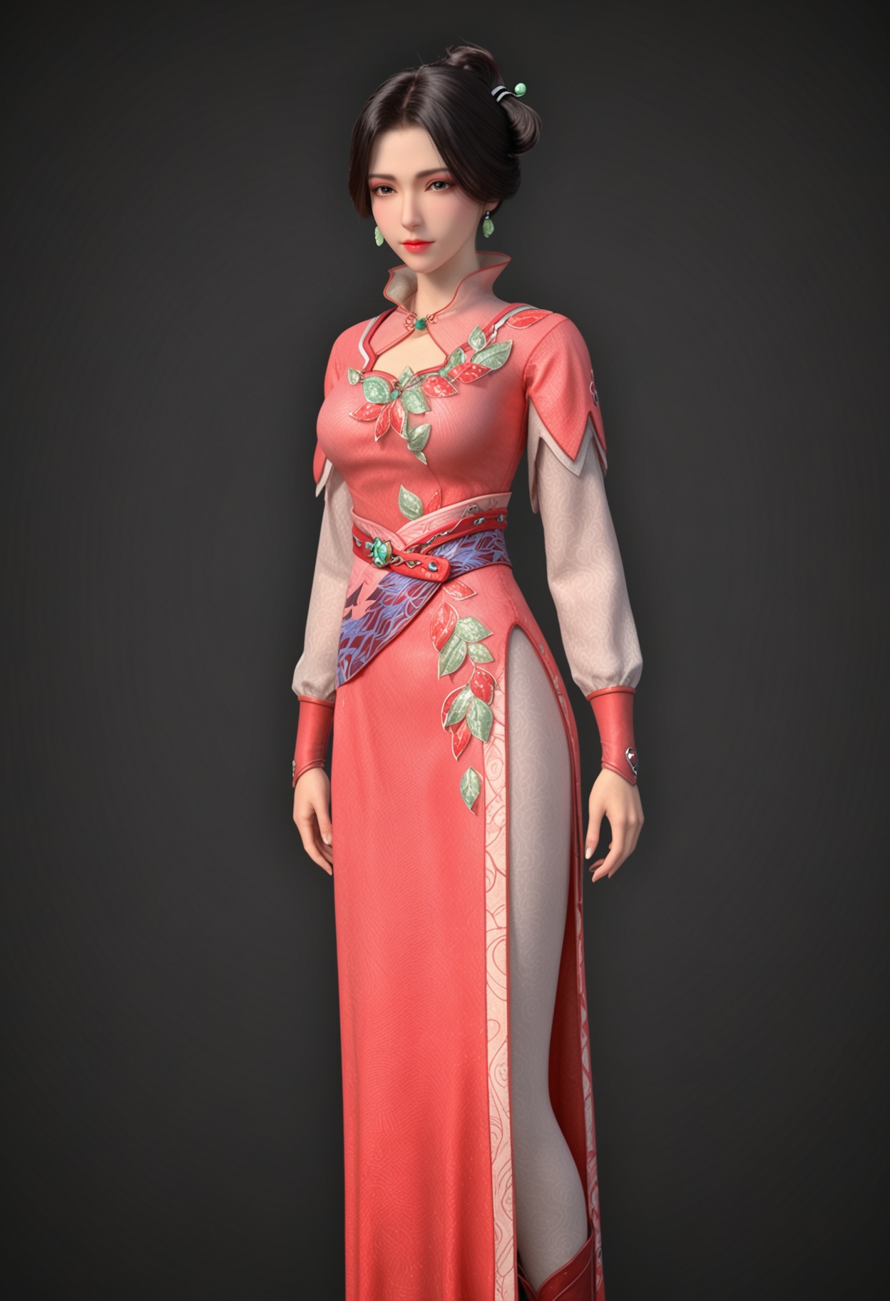 (full_body:1.1),(looking at viewer:1.1),facing viewer,direct gaze,<lora:YQ_pony_jimohuaxue_V5:0.8>,1girl,q1528437228,solo,black hair,jewelry,pink dress,earrings,short hair,hair bun,hair ornament,brown eyes,brown hair,long sleeves,chinese clothes,single hair bun,high collar,boots,red footwear,black eyes,sash,side slit,necklace,pantyhose,BREAK simple background,pure black background,black background,perfect anatomy,