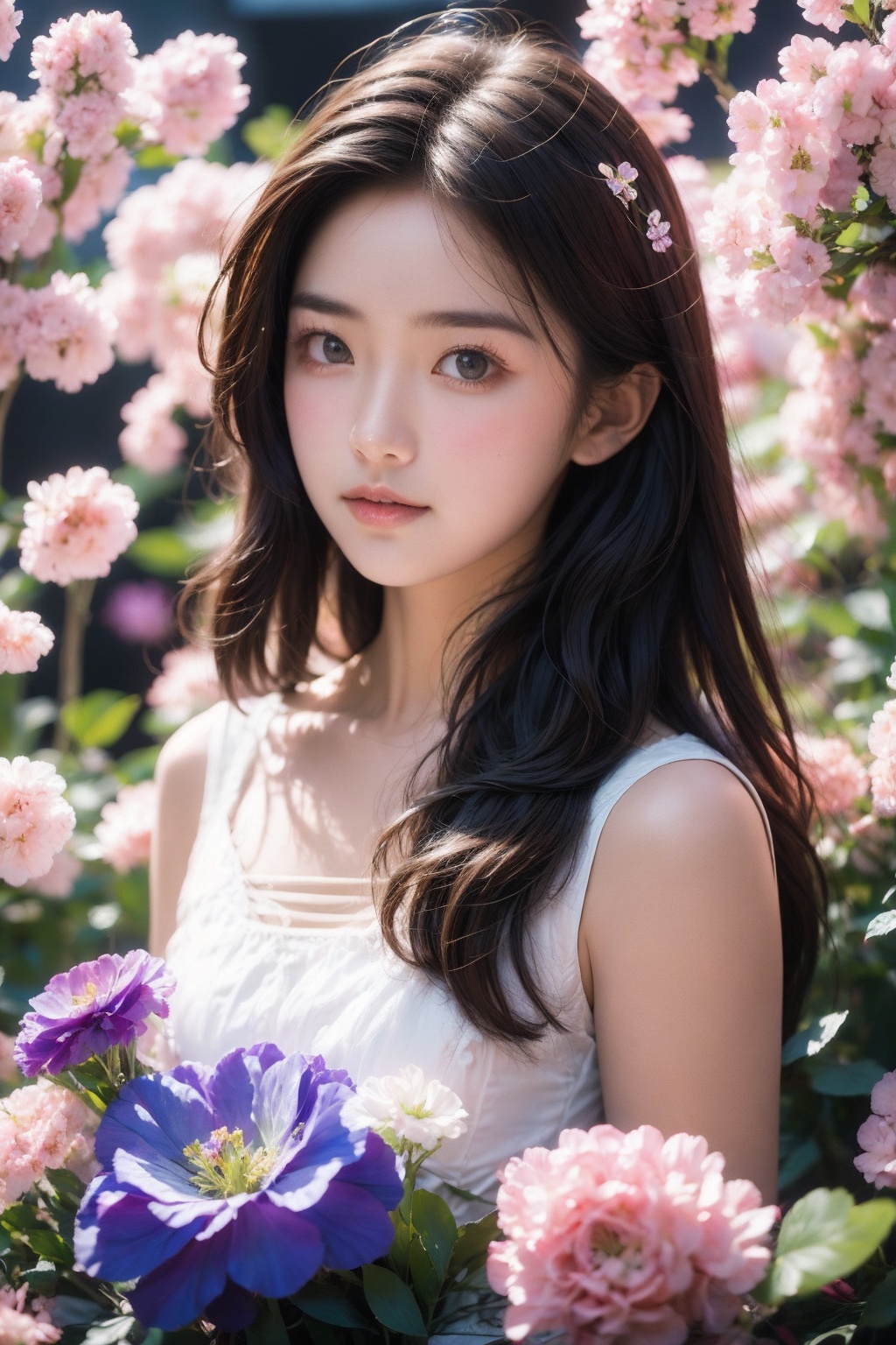 18 y.o girl,portrait,dress,flower background,<lora:Again_Style:0.8>,<lora:Again_Girl_A14L:0.9>