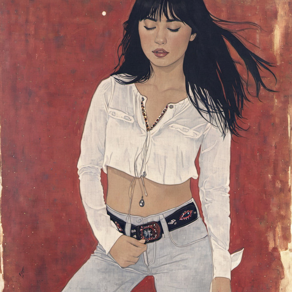 <lora:ukiyo-e_xl:1>,1girl, solo, wf shirt, long hair, white skirt, bangs, skirt, shirt, black hair, long sleeves, navel, jewelry, closed mouth, standing, closed eyes, white shirt, cowboy shot, earrings, midriff, pants, mole, lips, crop shirt, mole under eye, facing viewer, realistic, red lips, hoop earrings, white pants, the background is softly lit, giving the image a calm and tranquil ambiance, young woman, long black hair, serene expression, eyes closed, lips slightly parted, fit, pulling it slightly down, calm and tranquil ambiance, background