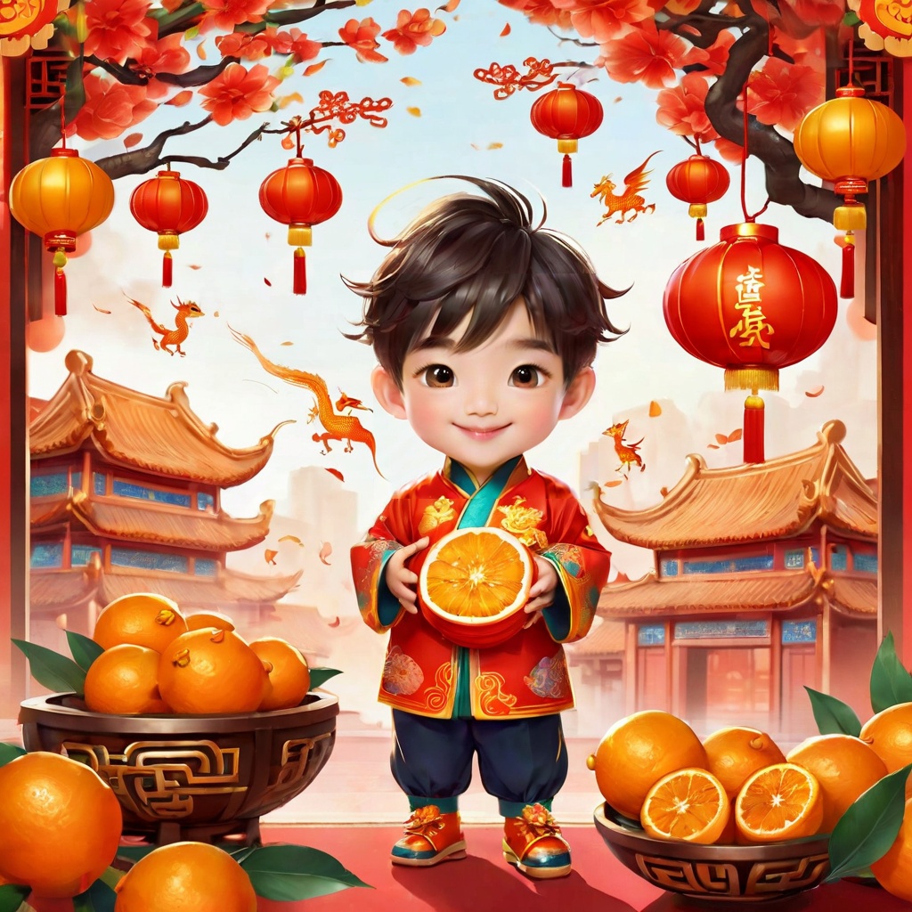 a cute boy, holding oranges and an equally charming "可爱的小龙," both celebrating Chinese New Year. Design the boy and the dragon with festive outfits and accessories, reflecting the holiday spirit. Use traditional Chinese New Year colors like red and gold in their attire. Depict them engaging in traditional New Year customs, such as giving and receiving oranges for good luck, with the little dragon playfully involved. Ensure the characters exude joy and enthusiasm for the Chinese New Year celebration.(poakl cartoon newyear style:1.5),best quality,masterpiece,<lora:poaklSDXLcartoonnewyearV2-000007:0.6>,