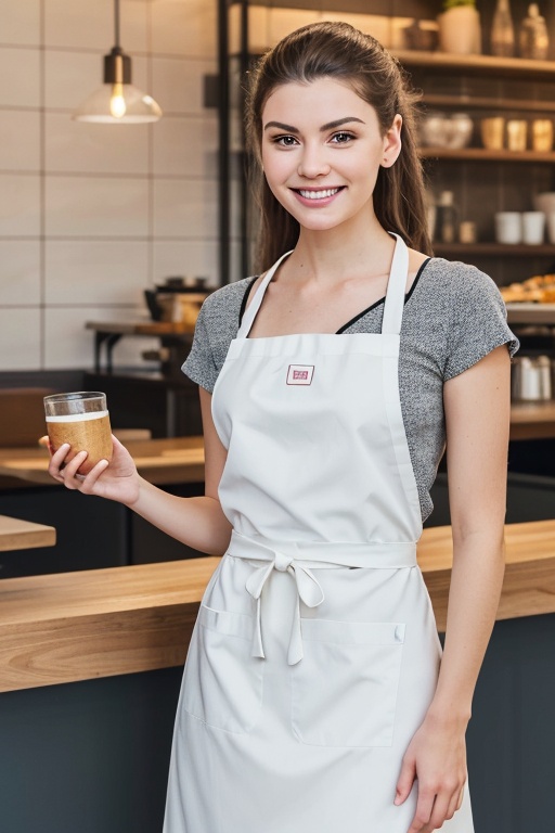 1. ((best quality)),((masterpiece)),((realistic)),portrait of a young waitress in a bustling cafe,(friendly smile and efficient demeanor:1.2),[expressive brown eyes],[apron and tray in hand],(casual yet professional attire:1.3),[busy cafe background],(capturing the essence of hospitality:1.2),[occupational realism],(8k resolution:1.2),<lora:hand-000006:0.3>,