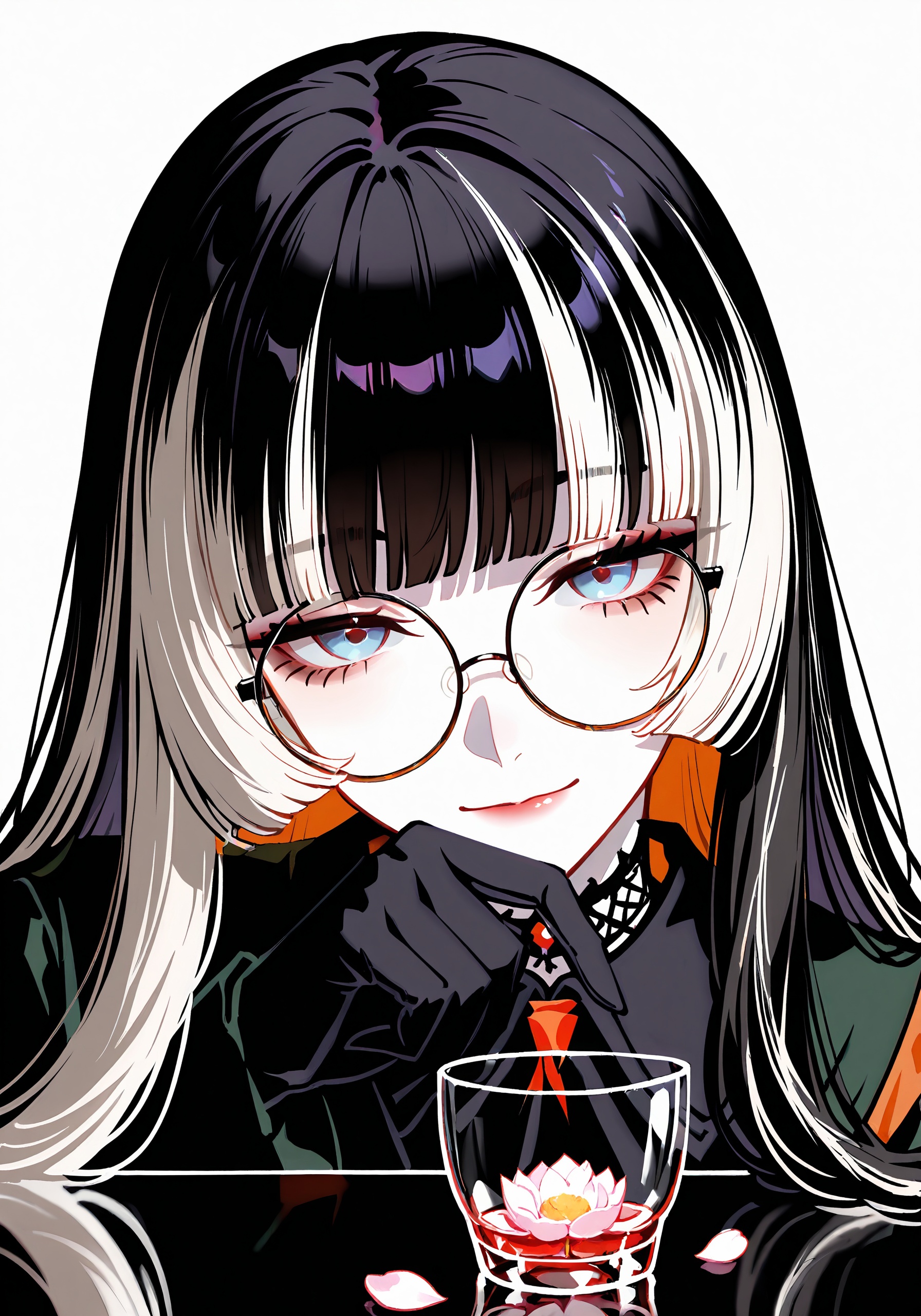 best quality, intricate details,minimalism, (blending:1.5), juufuutei raden, round eyewear, (reflective surface:1.2),full moon on glasses,petal in cup,holding cup,ochoko,half-closed eyes, looking at viewer,(detailed eyes:1.2), light smile,(drunk),two-tone background, black and white background, simple background,