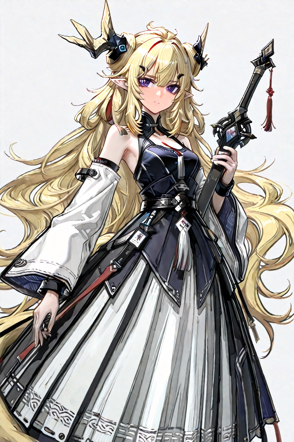masterpiece, best quality,grey background,looking at viewer,SOLO,simple background,,  leizi\(arknights\),pointy_ears,hair_between_eyes,blonde_hair,messy_hair,breasts,bangs,purple eyes,very long hair,dragon horns,antlers,dragon tailclo_3,hanfu,detached sleeves,belt,tassel,holding sword<lora:leizi-惊蛰-ill:0.8>