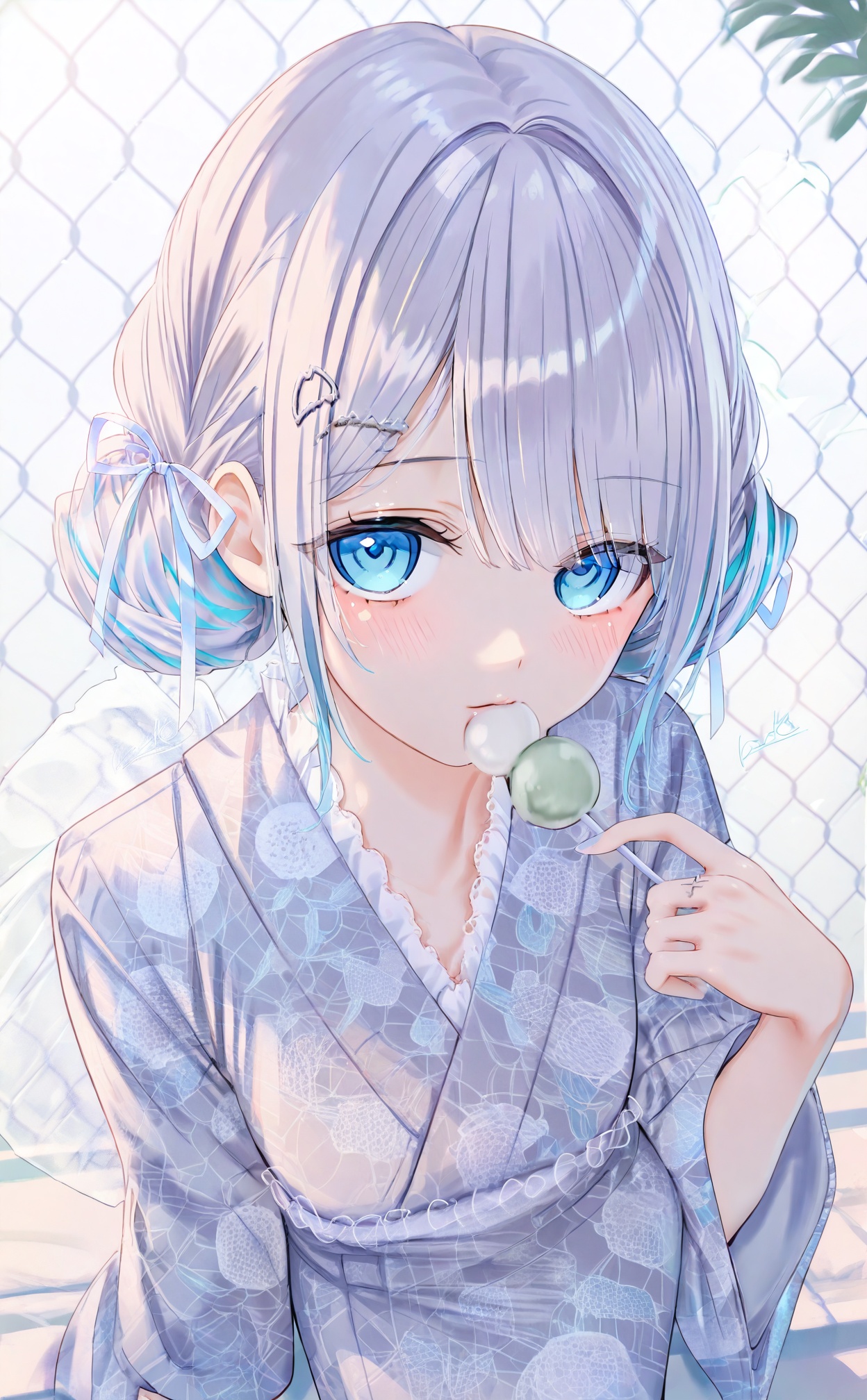 mmasterpiece,absurdres,best quality,petite,high quality,chromatic_aberration,//,1girl,food,kimono,japanese_clothes,solo,wagashi,blue_eyes,fence,dango,hair_bun,looking_at_viewer,virtual_youtuber,white_ribbon,holding_food,blue_hair,hair_ornament,double_bun,holding,multicolored_hair,chain-link_fence,sitting,hairclip,nail_polish,hair_ribbon,blue_nails,ribbon,grey_hair,white_kimono,closed_mouth,eating,grey_kimono,white_hair,long_sleeves,blush,yukata,wide_sleeves,frills,from_above,//,<lora:kinako_(shiratama_mochi)——【CKXL】hans:1>,
