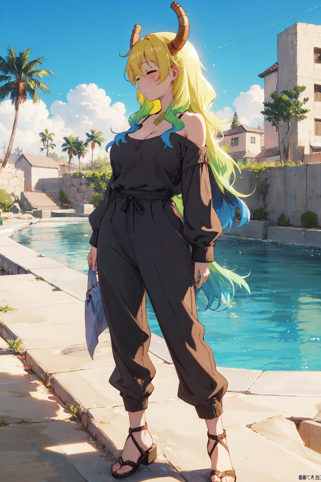 <lora:Quetzalcoatl-000019:0.8>,Lcoa CYQL,1girl,looking at viewer,solo,dragon girl,long hair,blonde hair,green hair,multicolored hair,gradient hair,dragon horns,closed eyes,breasts,large breasts,cleavage,full body,Off-the-shoulder Aran sweater with wide-leg jumpsuit and sandals,evil smile,profile,Amidst the boundless expanse of sand, a verdant oasis stands like a mirage, where clear pools are shaded by date palms,(Olive trees, Olive orchard, Italian landscape, Midday sun, Rustic charm, Olive harvest:0.5),beautiful detailed sky,beautiful detailed glow,posing in front of a colorful and dynamic background,masterpiece,best quality,beautiful and aesthetic,contrapposto,female focus,wallpaper,