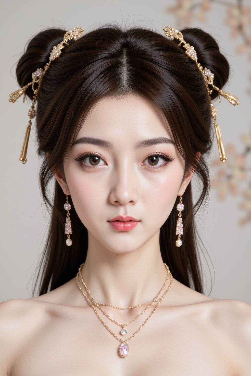 The image depicts a digitally rendered portrait of a young woman with long,  dark hair styled into two elegant buns,  each...