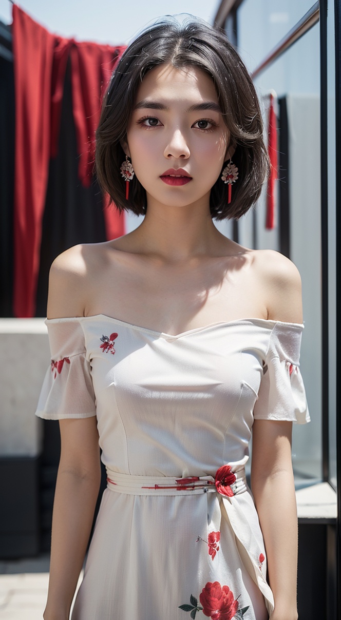1girl,hair ornament,solo,flower,hair flower,candle,earrings,jewelry,black hair,black eyes,blurry,lips,red lips,looking at viewer,tassel,depth of field,makeup,realistic,(red_clothes:1.3),chinese clothes,floral print,upper body,medium breasts,off-the-shoulder,