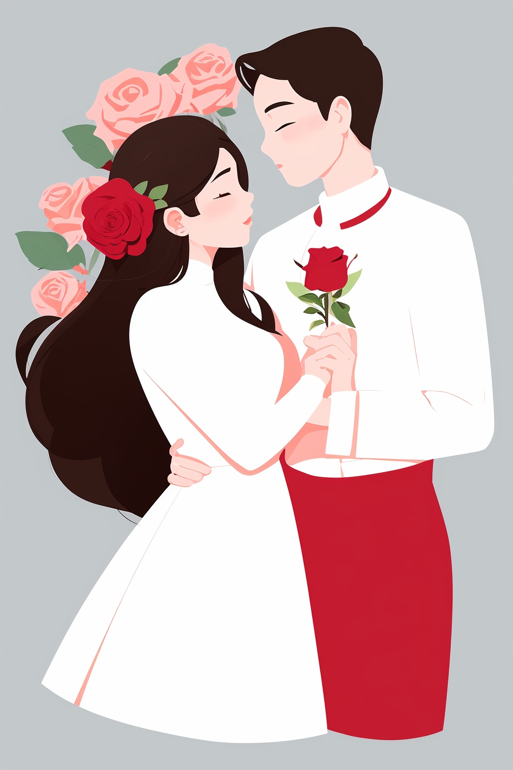 Valentine's Day,Flat painted style,1girl,1boy,rose,simple background,<lora:lbc_Valentine's Day-ts:1.1>,love,romantism,masterpiece,