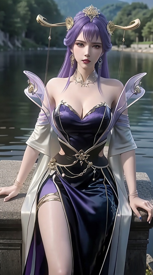 ultra realistic,high-definition,hd,8k,1 girl,Large breasts,Cleavage of breast,Purple hair,jewelry,Crown of the head,Dress,Ribbon,Wide sleeves,Long hair,Sitting by the lake,lake water,solo,,<lora:c1a68909a27f1902dc80d29115e4accf1bad0aab498ef3748cb8956339003b8b:0.6>