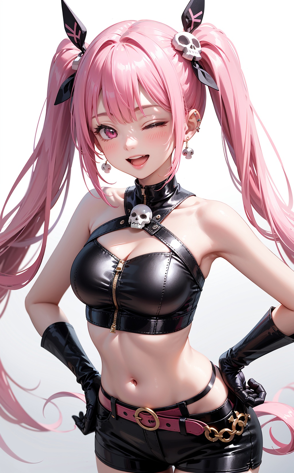 1girl,bangs,bare shoulders,belt,black gloves,crop top,ear piercing,earrings,gloves,hair ornament,hand on hip,jewelry,long hair,looking at viewer,one eye closed,open mouth,piercing,pink eyes,pink hair,skull hair ornament,smile,solo,twintails,