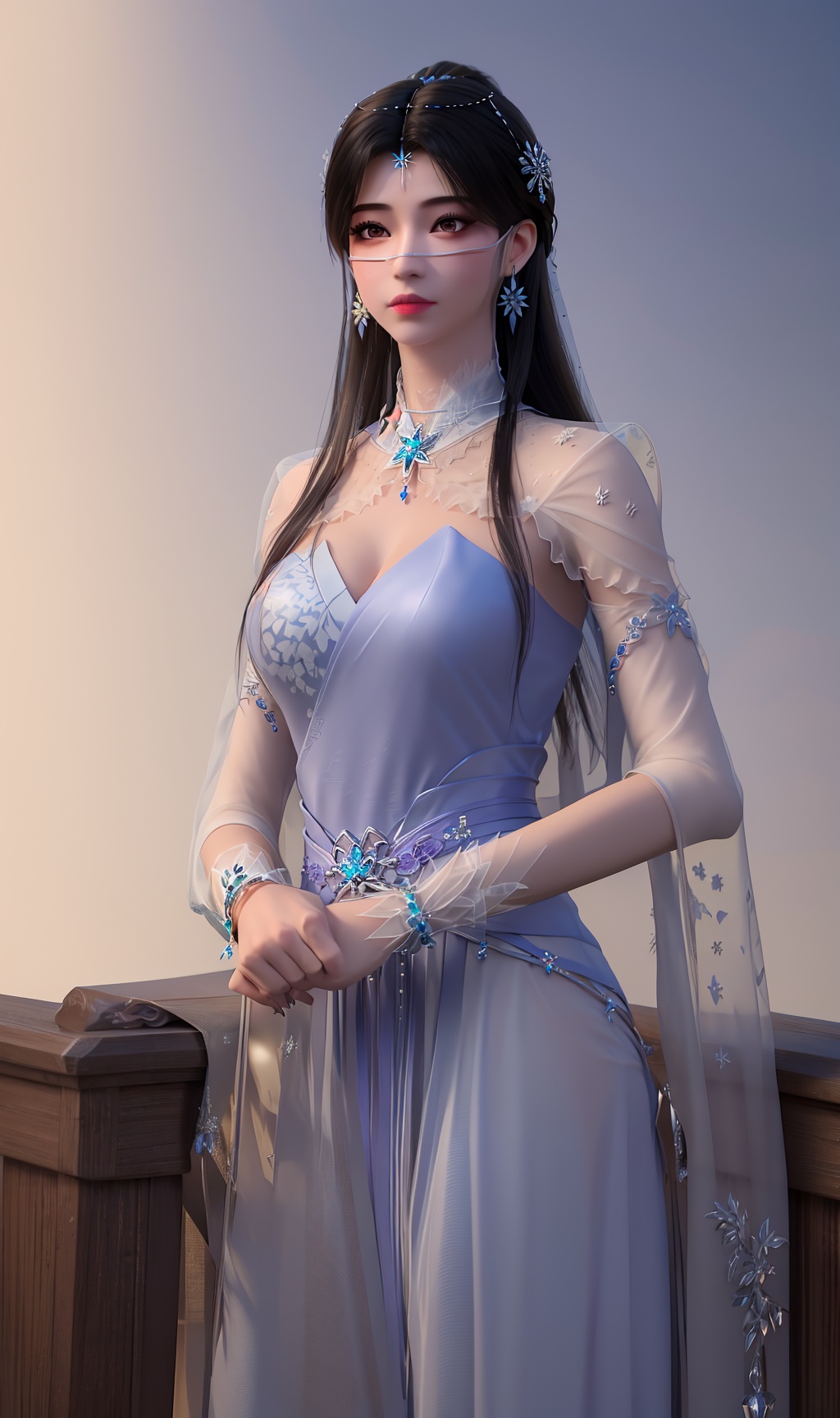 3D,masterpiece,(best quality),(makeup),official art, extremely detailed cg 8k wallpaper,((crystalstexture skin)), (extremely delicate and beautiful),(highly detailed),(1girl), (solo), (jewelry), (earrings),(black_hair),(long_hair),(hair_ornament),(handwear),(breasts),(standing),,(upper_body),(dress), (skirt),(multicolored_clothes),(multicolored_dress),mask,(chinese_clothes),(adapted_costume), (sleeve),((closed_mouth)),(bracelet),((long_dress,long_skirt)),,((veil)),(sunshine, outdoor,bed),((looking_at_viewer)),((Facing the camera)),, <lora:hipoly3DModelLora_v10:0.3>