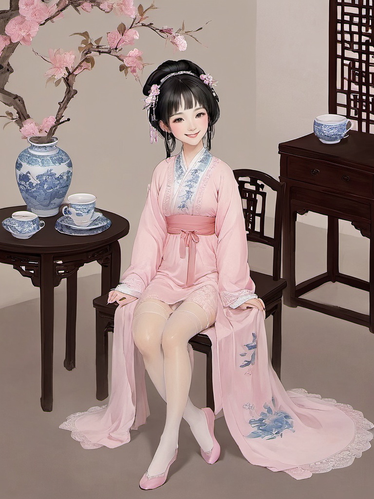 gufengsw001,1girl,solo,looking at viewer,smile,black hair,full body,earrings,hair flower,chair,chinese clothes,table,teacup,hanfuteacup,<lora:gufengsw001-000008:0.8>,