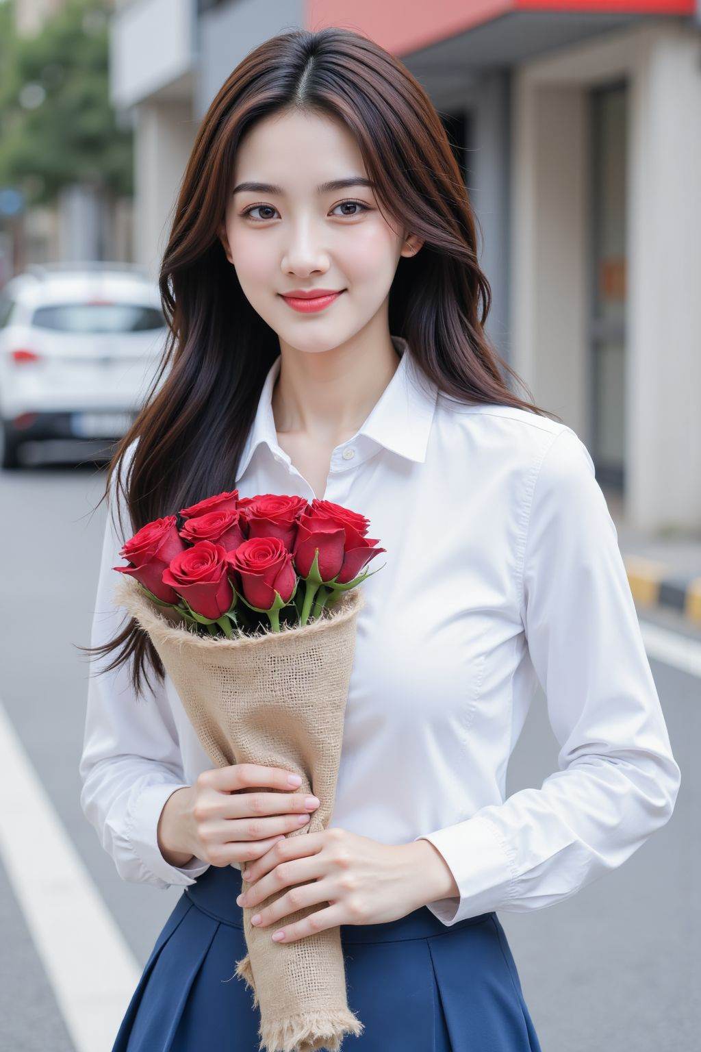 A photograph of a young Asian woman with fair skin and long, wavy black hair. She is wearing a white long-sleeved button-down shirt and blue pleated skirt. She holds a bouquet of vibrant red rose wrapped in a beige burlap cloth with frayed edges. The background in street, The woman's expression is smirk,