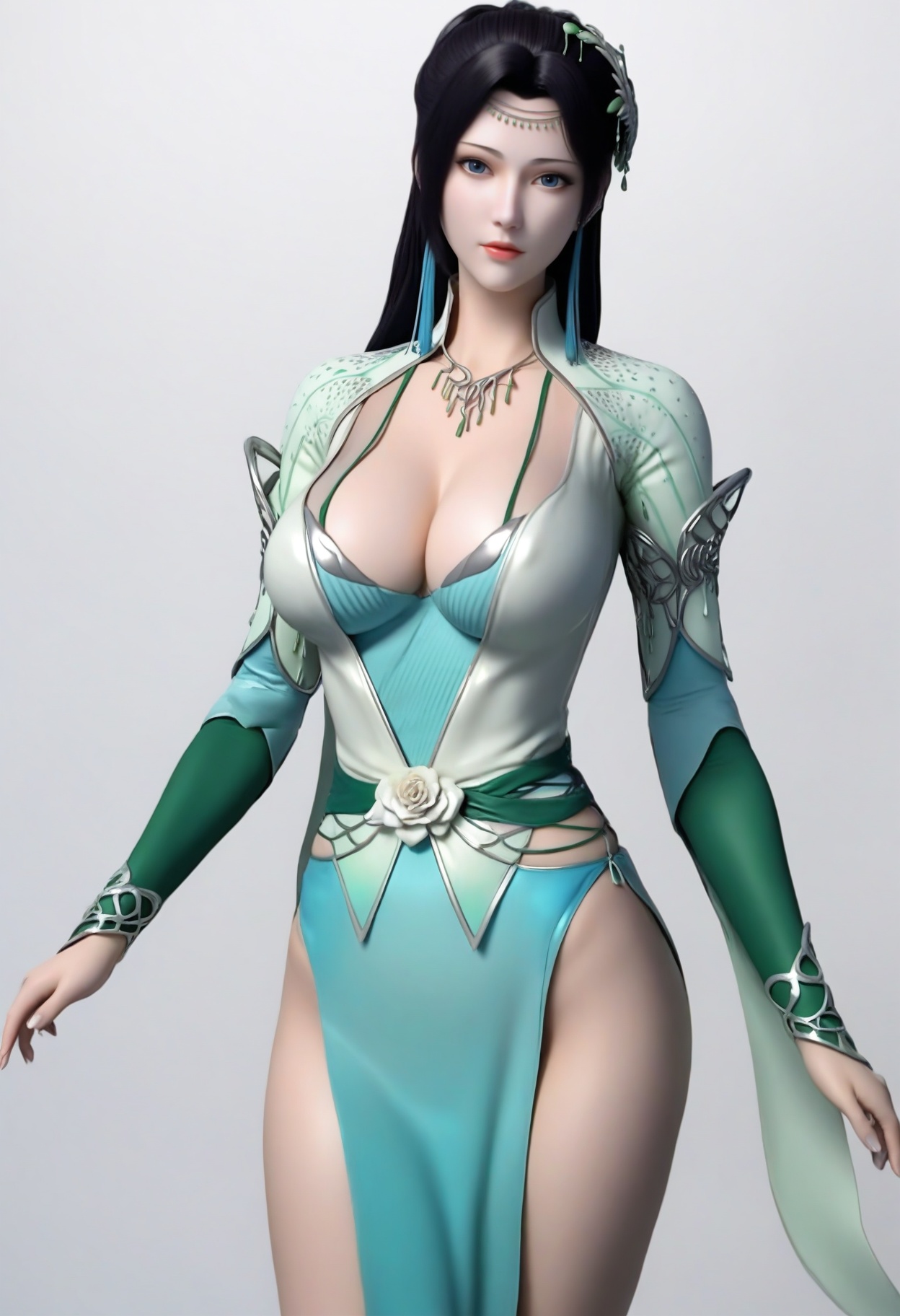 fair_skin,white_skin,Ivory_skin,<lora:SF_YunYunGreenClothes2_Pony_Realism2.3-000002:0.7>,hair ornament,green dress,black hair,1girl,standing,breasts,large breasts,solo,looking at viewer,simple background,white background,