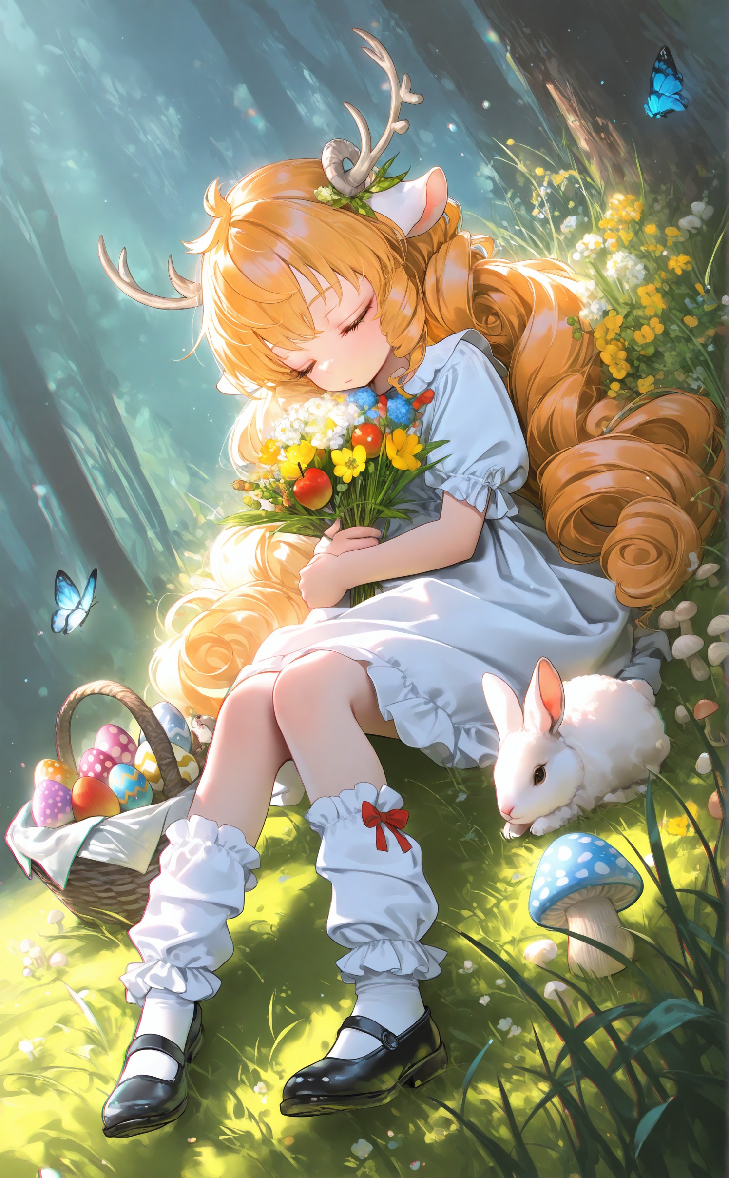 masterpiece,very aware,highres,absurdres,newest,best quality,loli,petite,high quality,chromatic_aberration,cinematic_angle,dutch angle,//,1girl, bug, flower, butterfly, rabbit, basket, blonde hair, long hair, solo, grass, blue butterfly, dress, apple, fruit, mushroom, socks, closed eyes, hair flower, sleeping, animal, white socks, nature, hair ornament, ribbon, bouquet, outdoors, holding, food, horns, white dress, white gloves, gloves, yellow flower, kneehighs, frills, on grass, very long hair, white flower, forest, frilled dress, holding flower, holding bouquet, black footwear, antlers, watermark, squirrel, sitting, twintails, frilled socks, berry, shoes, full body, bow, sheep, easter egg, short sleeves, egg, red ribbon, curly hair<lora:Komachan:1>
