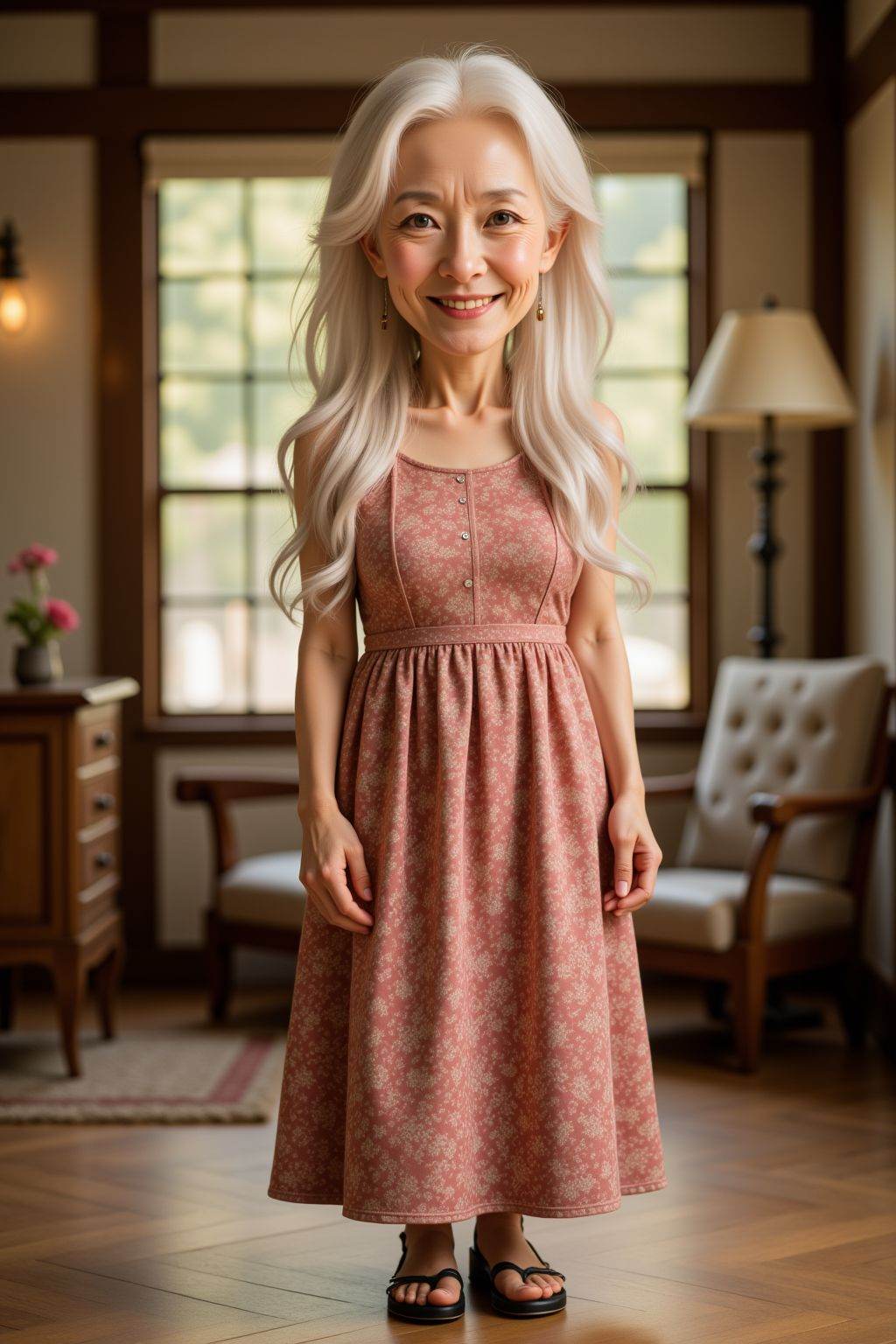 <lora:20250503_AgainCharactersF1Lora:1>, The image is a high-resolution photograph featuring a old woman,solo,looking at viewer,long hair,standing,full body,dress,indoors,realistic,chibi,