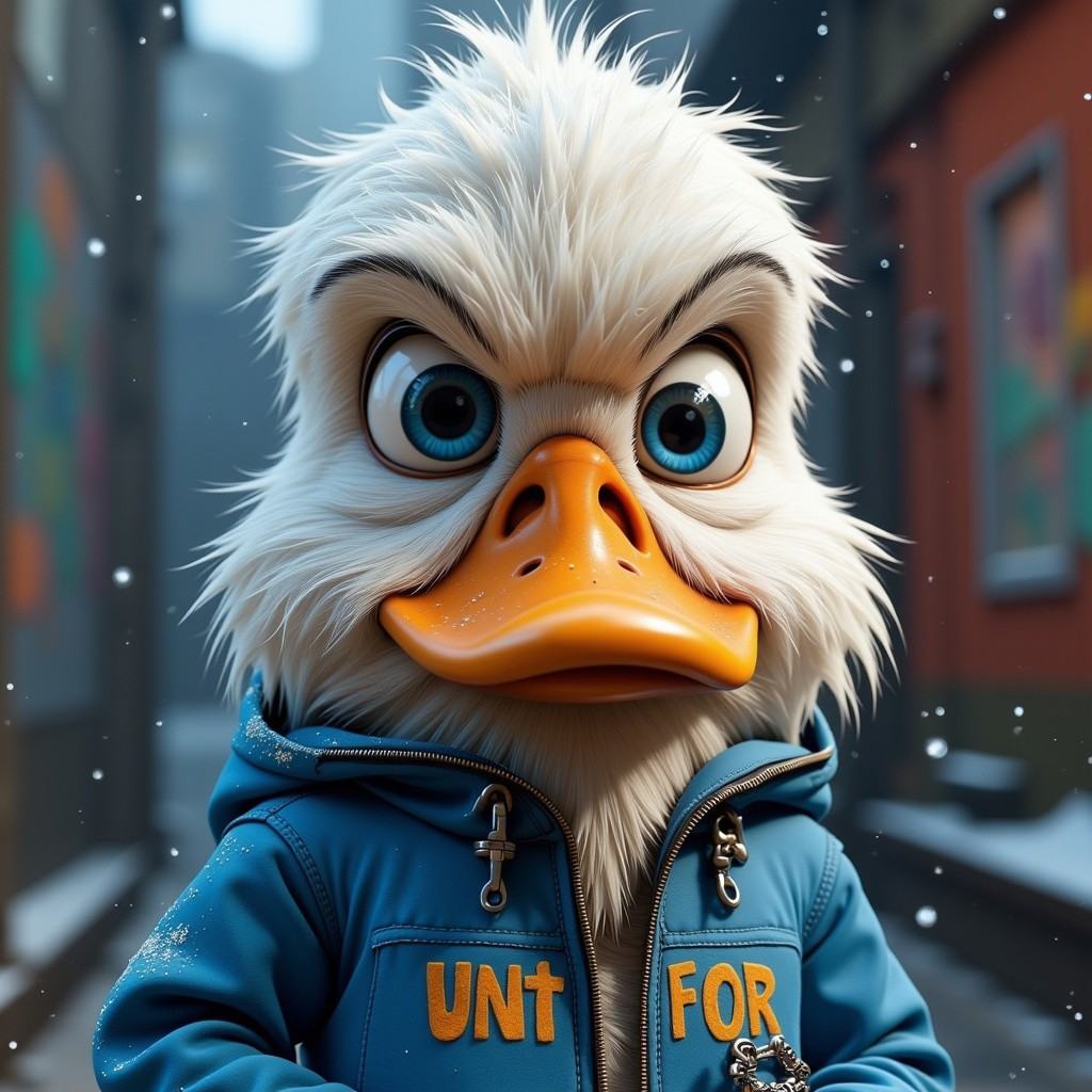 funny animals,  "Hyperrealistic 3D render of a grumpy cartoon duck character,  close-up portrait on Tensor.Art