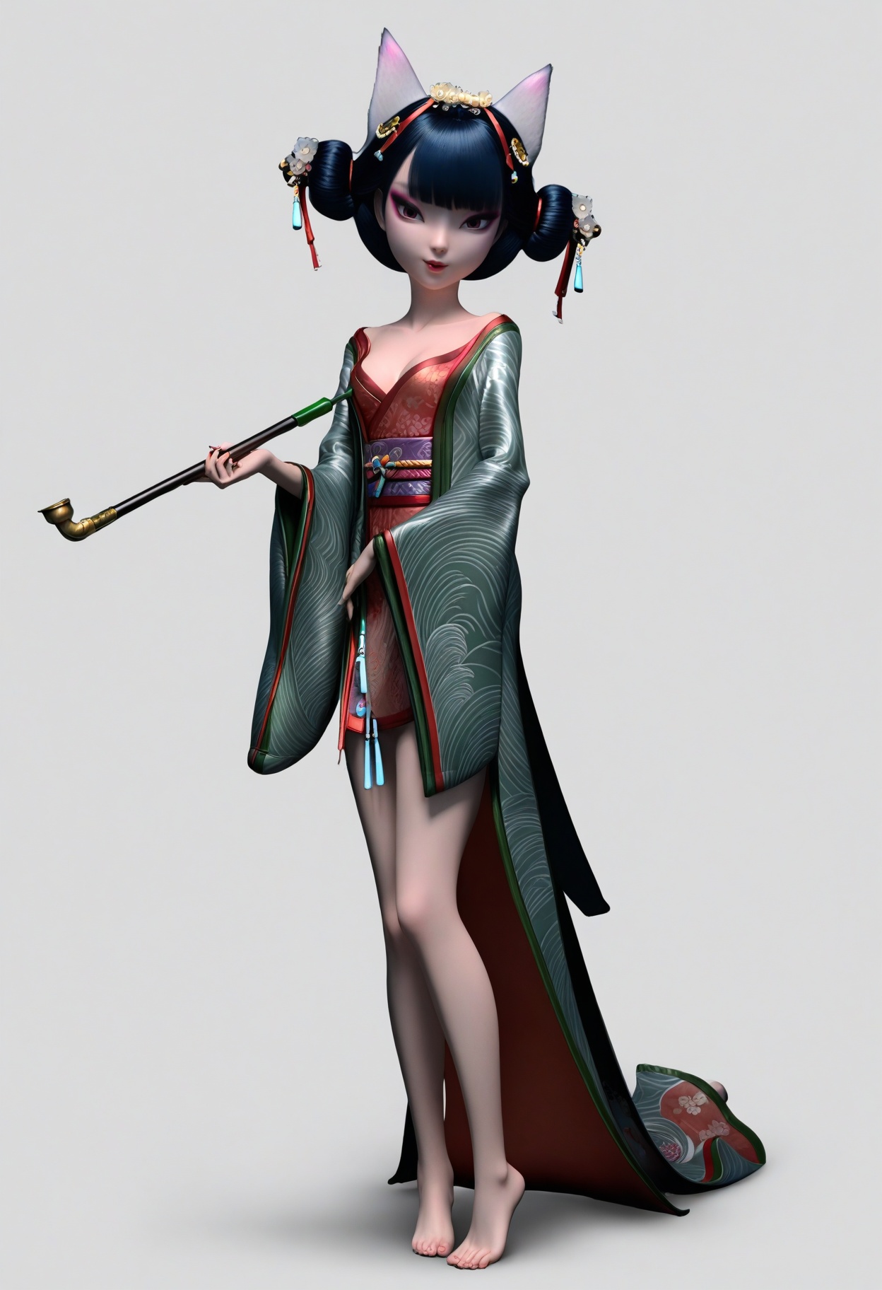score_9,<lora:SF_BaoQingFangZhu3_Pony_Realism2.3-000003:0.7>,hair ornament,standing,clothes,1girl,breasts,hair ornament,black hair,solo,animal ears,bangs,bare legs,japanese clothes,kimono,bare feet,holding pipe,looking at viewer,white background,simple background,