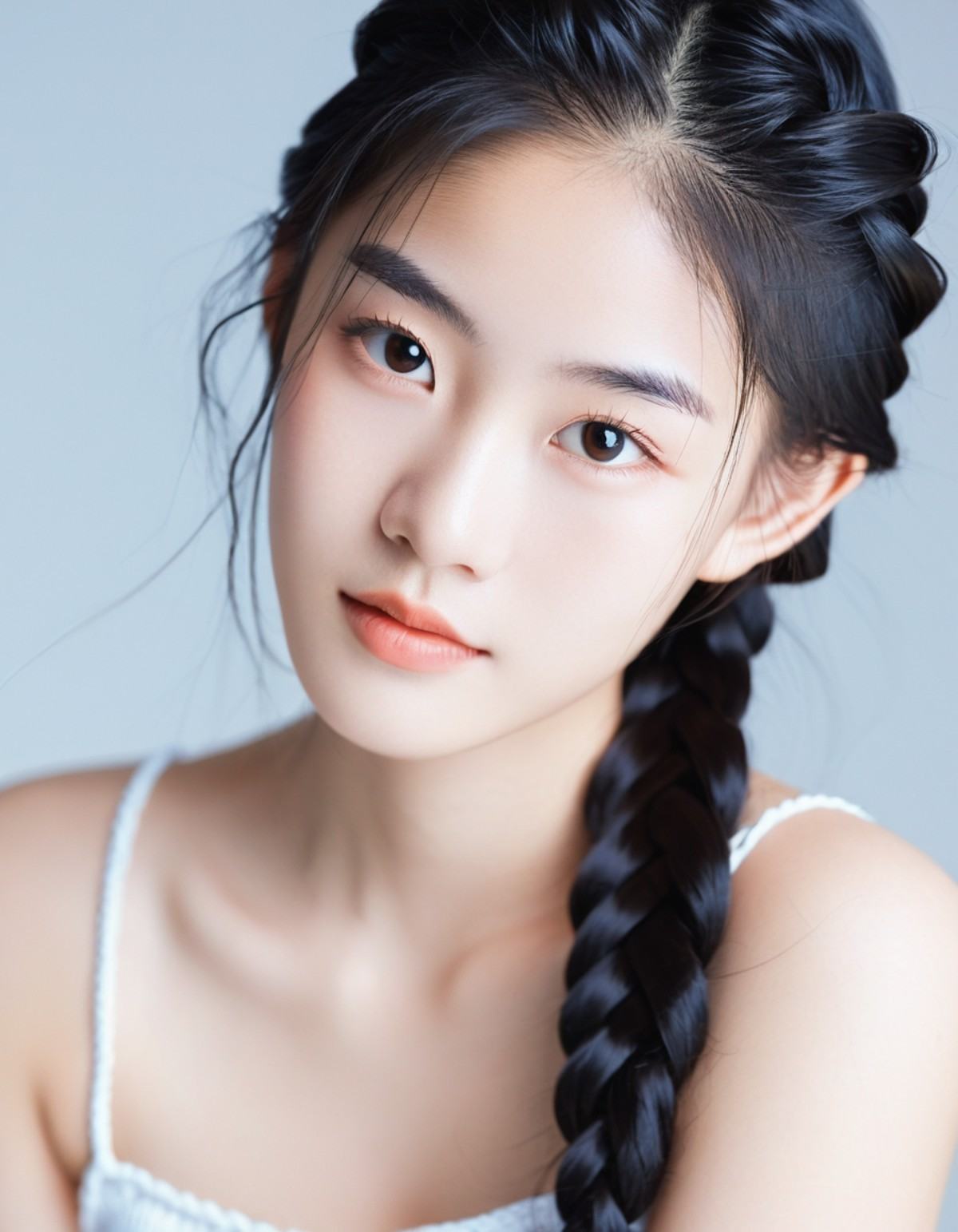 headshot of a young asian woman with long braided hair and a serene expression,  bare shoulders,  wispy hair strands frami...