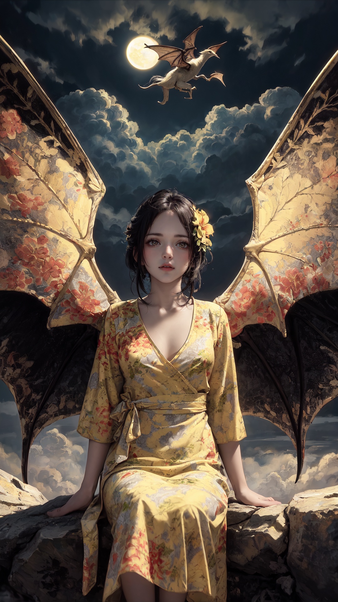 tutututu,dress,yellow flower dress,long sleeves,obi,<lora:yellow_dress_V2-000006:0.65>,((best quality)), ((masterpiece)), (detailed), alluring succubus, ethereal beauty, perched on a cloud, (fantasy illustration:1.3), enchanting gaze, captivating pose, delicate wings, otherworldly charm, mystical sky, (Luis Royo:1.2), (Yoshitaka Amano:1.1), moonlit night, soft colors, (detailed cloudscape:1.3), (high-resolution:1.2),