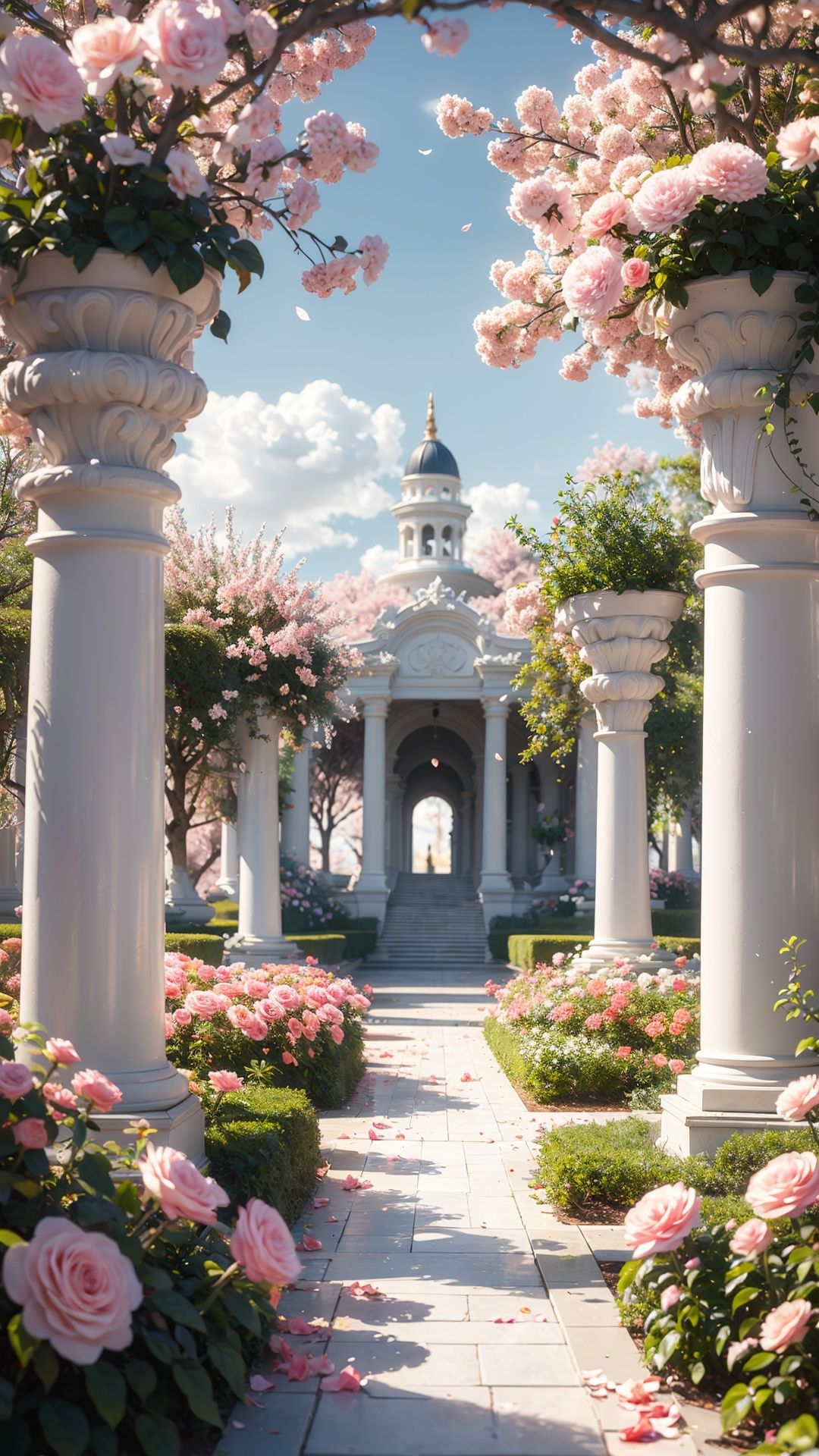 <lora:GONGDIAN_20240316022731:0.75>,GONGDIAN,no humans,scenery,sky,outdoors,tree,day,cloud,petals,pillar,blue sky,arch,flower,cherry blossoms,blurry,pink flower,rose,red flower,pink rose,building,depth of field,reflection,sunlight,cloudy sky,water,blurry foreground,plant,architecture,stairs,column,field,flower field,, scenery,no humans,masterpiece,best quality,high quality,extremely detailed CG,award winning photography,Bokeh,Depth of Field,HDR,bloom,Chromatic Aberration,Photorealistic,extremely detailed,trending on artstation,trending on CGsociety,Intricate,High Detail,dramatic,art by midjourney,volumetric lighting,(Magical),(epic),incredibly absurdres,official wallpaper,extremely detailed CG unity 8k wallpaper,chromatic aberration,detailed color,scene detail extremely tall object,
