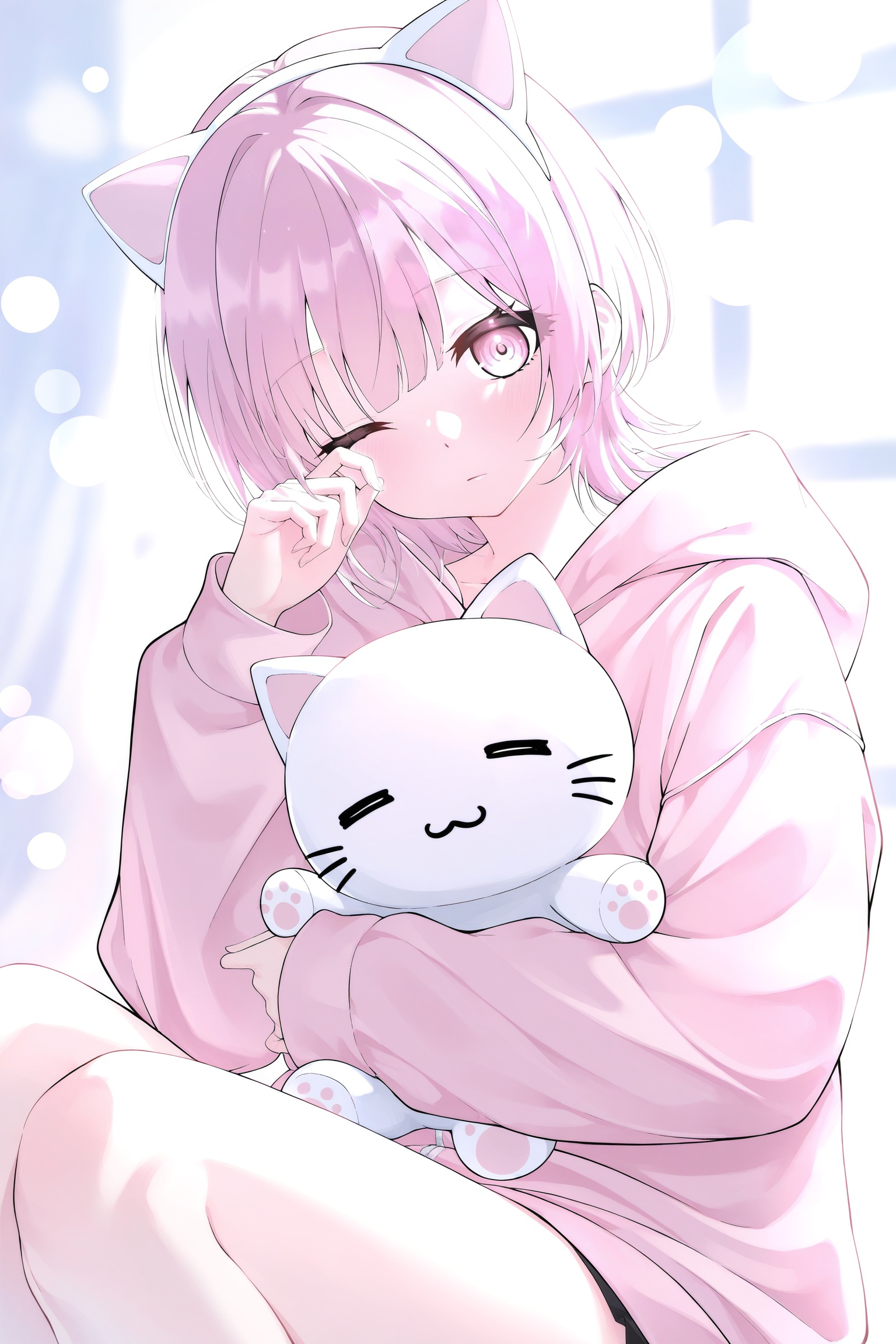 1girl,utaite,short hair,pink hair,pink eyes,cat ears,animal ears,fake animal ears,animal ear hairband,cat ear hairband,hairband,hood,hooded jacket,jacket,pink jacket,pink theme,sitting,holding,holding stuffed toy,stuffed toy,stuffed animal,stuffed cat,closed mouth,expressionless,rubbing eyes,one eye closed,looking at viewer,solo,soft lighting,glowing rim light,warm sunlight,bokeh,pastel color palette,dreamy atmosphere,high detail,masterpiece,best quality,<lora:n11espSi10ra画风0.1版本XL:0.8>,siraxlhf,