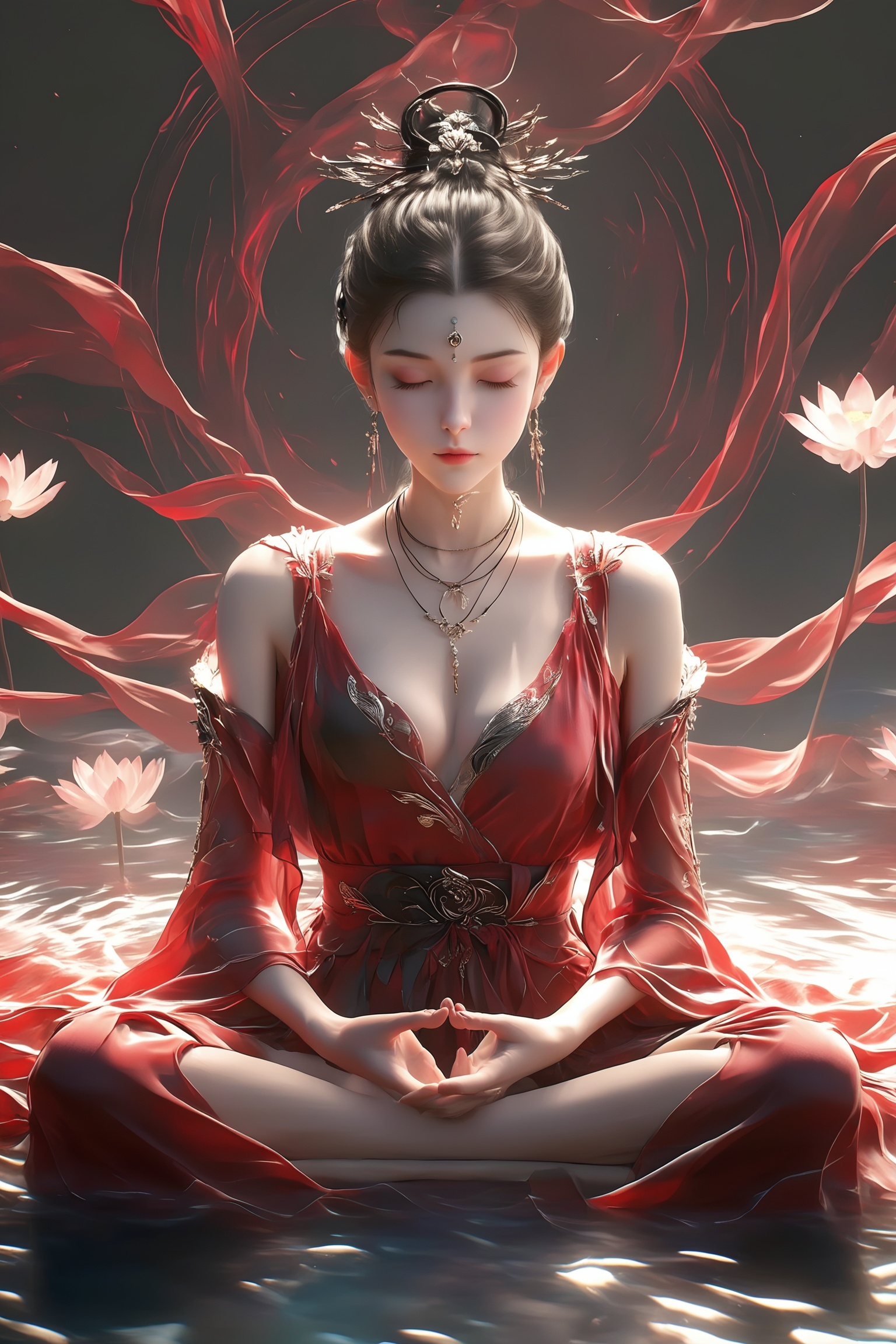 renzu,The image depicts a serene and ethereal scene of a woman seated in a meditative pose on a bed of lotus flowers. She is adorned in a flowing red gown with intricate gold and black detailing, which adds a touch of elegance and mystique to her appearance. Her hair is styled in an elaborate updo, crowned with an ornate headdress that features delicate, swirling designs. The background is dark, creating a stark contrast that highlights the soft, glowing light emanating from the woman's hands and the surrounding lotus flowers. The overall atmosphere is one of tranquility and spiritual enlightenment, with the woman appearing to be in deep meditation or contemplation.