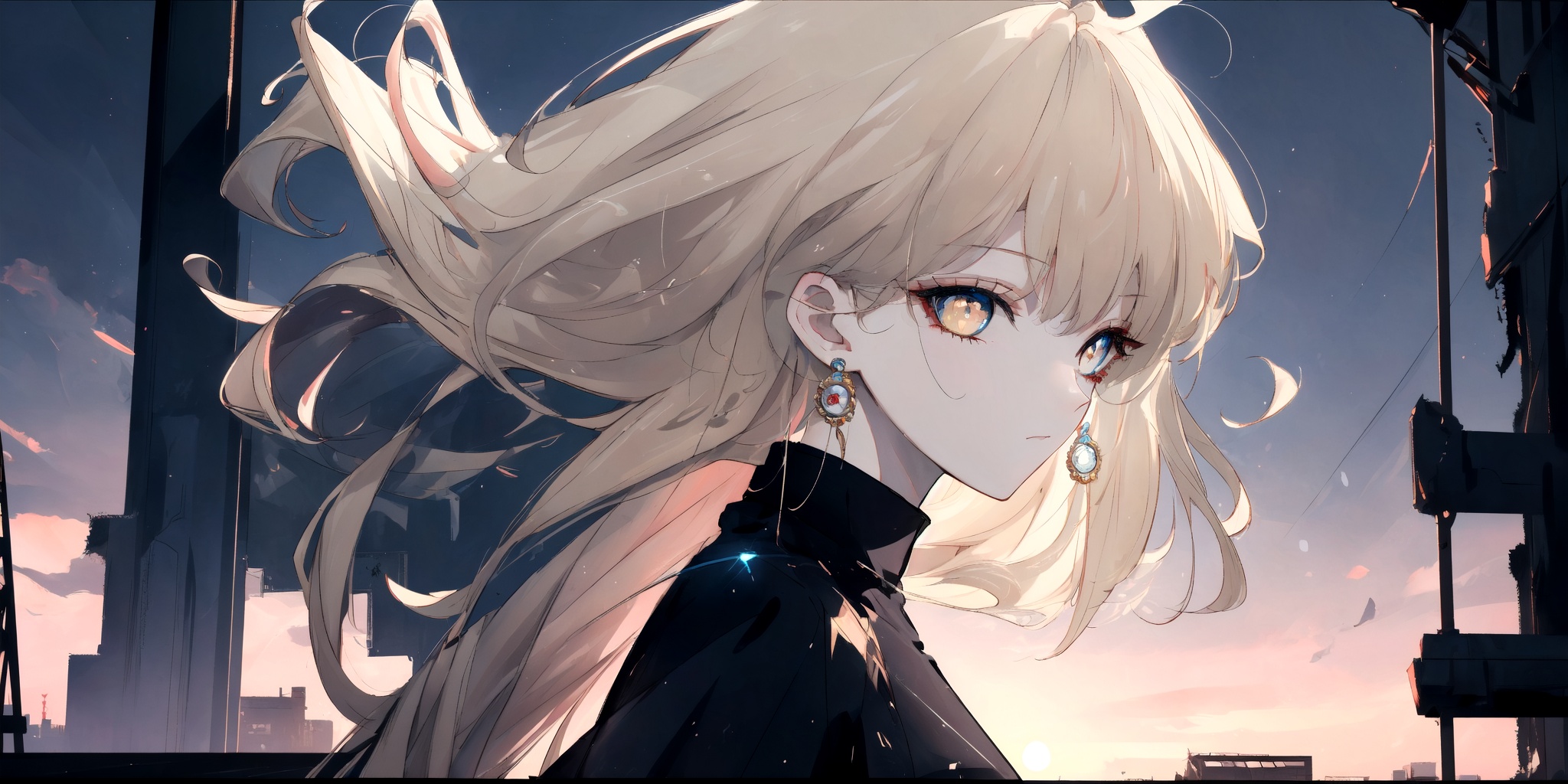 {{masterpiece}},illustration,best quality,extremely detailed CG unity 8k wallpaper,original,high resolution,oversized documents,portrait,{{{{{extremely delicate and beautiful girl}}}}},1girl,solo,messy hair,hair flowing in the wind,blonde hair,very long hair,beautiful detail eyes,jewel eyes,glowing circle pupils,{{golden eyes}},good lighting,{{{{ray tracing}}}},sparkling,{{abandoned building}},{{on ruins}},{{staring at sunset at dusk}},depth of field,profile,Glassmorphism,light leaks,reality_ray_tracing,