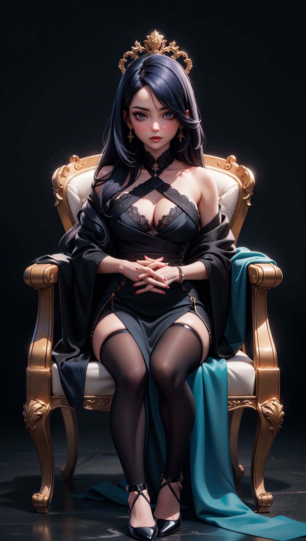 elegant woman,  (wrapped in black silk cloth and trails to the ground),  (sitting on a large throne of stone) on Tensor.Art