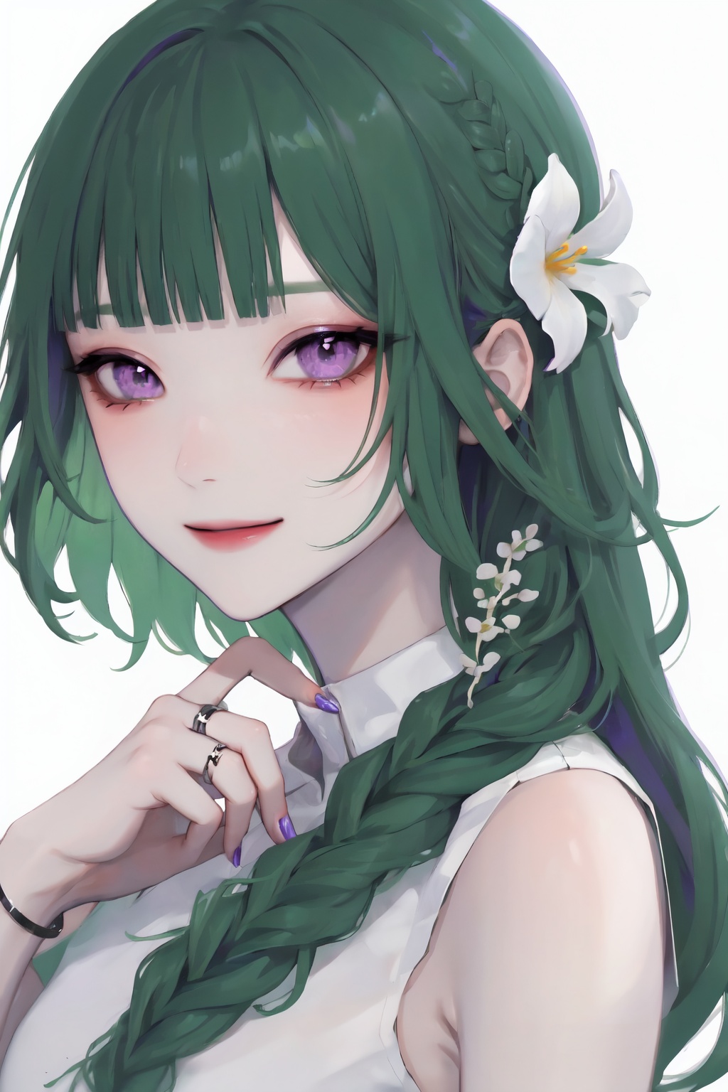 1girl, solo, green hair, jewelry, braid, ring, white background, hair ornament, flower, hair flower, bangs, simple background, long hair, looking at viewer, hair over shoulder, bracelet, purple eyes, blunt bangs, smile, closed mouth, nail polish, white flower, upper body, hand up, shirt, portrait, sleeveless, single braid, white shirt, ct-style, beautiful eyes