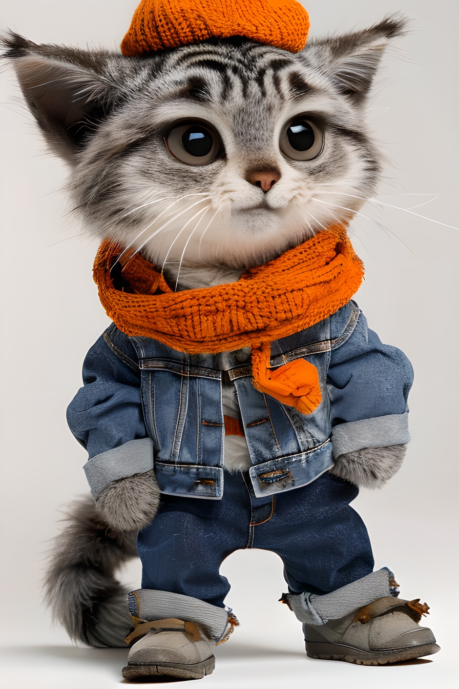 masterpiece,best quality,solo,looking at viewer,simple background,white background,long sleeves,standing,hat,jacket,full body,tail,open clothes,shoes,pants,grey background,scarf,animal,open jacket,denim,blue pants,pocket,animal focus,brown jacket,jeans,hands in pockets,no humans,grey footwear,orange jacket,grey scarf,Pallas's cat, <lora:3D人物角色拟人动物自媒体神器_v1.0:0.8>