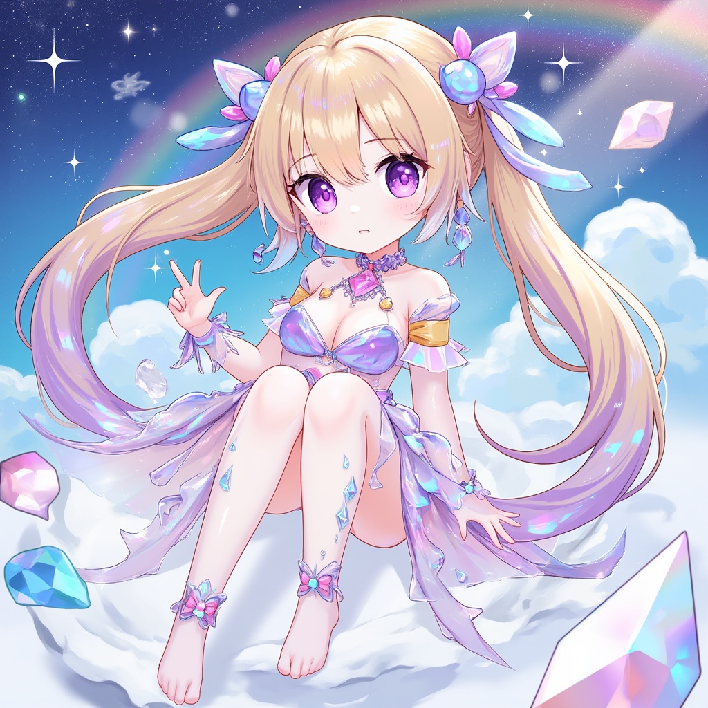 chibi,an anime girl,chibi,floating and rainbow long hair,Iridescence and rainbow, beautiful detailed starry sky,(((crystals texture Hair))),((beautiful detailed glass hair)),((glass shaped texture hand)),((crystallize texture body)),gem body,hands as clear as jewels,crystallization of clothes,((crystals texture skin)),sparkle, lens flare, light leaks,broken glass,detailed glass shaped clothes,beautiful detailed gemstone sky, gemstone sea, crystals texture flowers,((detailed crystallized clothing)),