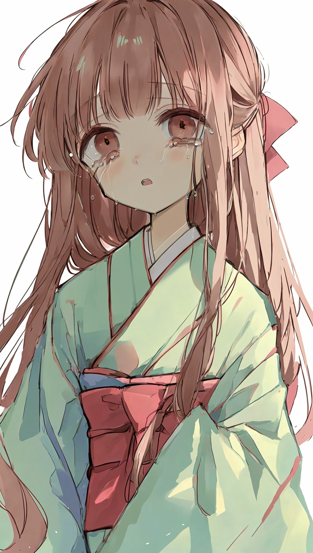 1girl,solo,white background,long hair,japanese clothes,simple background,looking at viewer,tears,kimono,upper body,crying,bangs,crying with eyes open,blush,brown eyes,parted lips,brown hair,bow,hair bow,