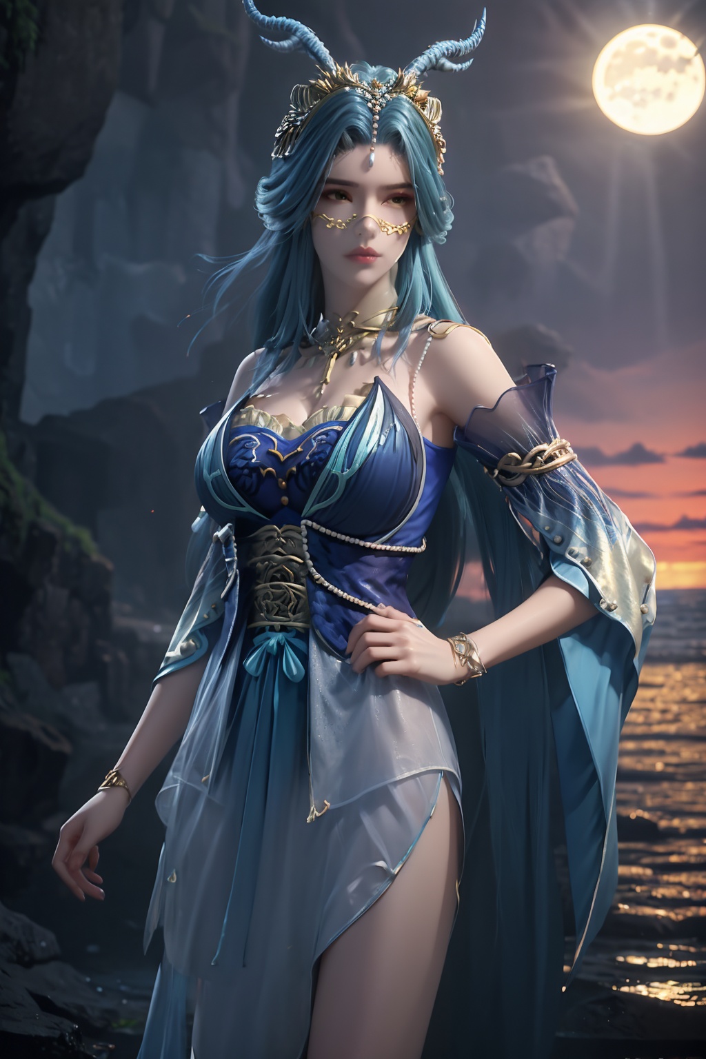standing,dress,chinese clothes,flower,full_moon,moon,night,lily_pad,lotus,moonlight,water,night_sky,lily_\(flower\),sky,partially_submerged,1girl,solo,hair ornament,realistic,nail polish,photo_\(medium\),(big breasts, cleavage),makeup,(8k, RAW photo, best quality, masterpiece:1.2),(realistic, photorealistic:1.3),ultra-detailed,extremely detailed cg 8k wallpaper,(crystalstexture skin:1.2),extremely delicate and beautiful,(sexy pose:1.2),chinese dress,