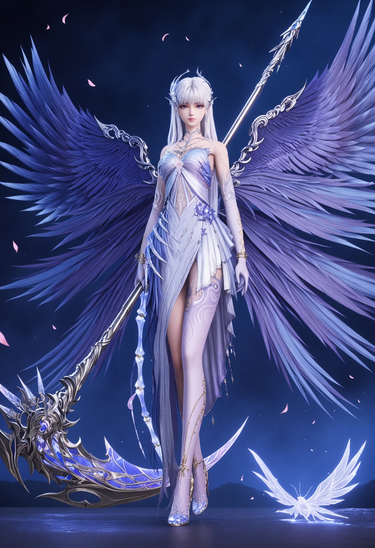 (standing full_body:1.1),looking at viewer:1.1,masterpiece,(best quality),smog,Dark room,dim lighting,peach blossom,falling petals,<lora:YQ_Illustrious光辉v5_圣采儿_服装7_带翅膀和武器_V1:0.8:lbw=1,1,1,1,1,1,1,1,1,0.8,0.8,0.1>,q1528437228,1girl,solo,wings,long hair,dress,white hair,weapon,multiple wings,white dress,hair ornament,holding weapon,feathered wings,gloves,high heels,elbow gloves,jewelry,purple eyes,purple wings,blue dress,blue eyes,holding scythe,blunt bangs,polearm,white gloves,blue wings,thighhighs,bracelet,earrings,feathers,holding polearm,
