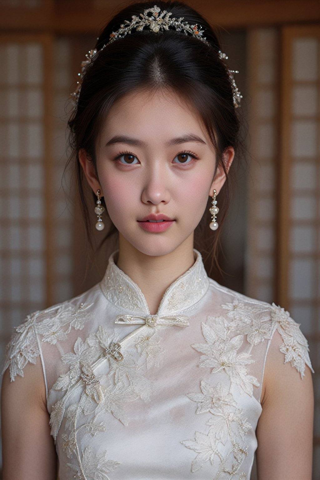 This is a photograph of an Asian woman with fair skin,  wearing a traditional white Chinese cheongsam dress adorned with i...