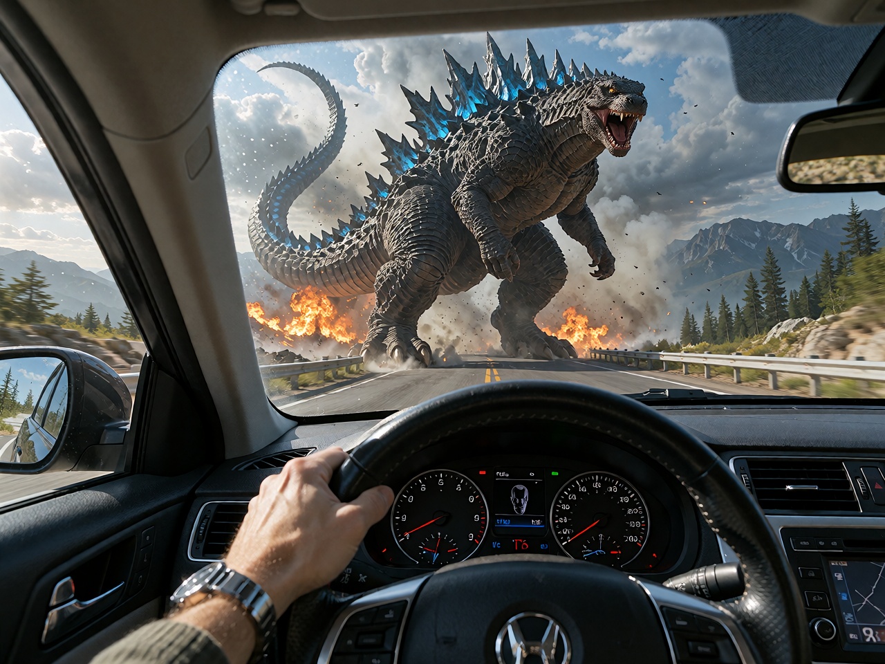 POV driving fast inside a car,  holding the car wheel,  while Godzilla appears in the middle of the road on Tensor.Art