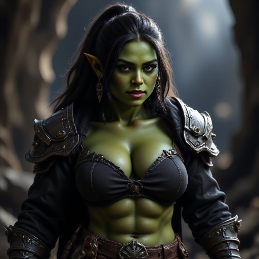 A beautiful green skinned female Orc warrior,  with green skin,  black hair on Tensor.Art