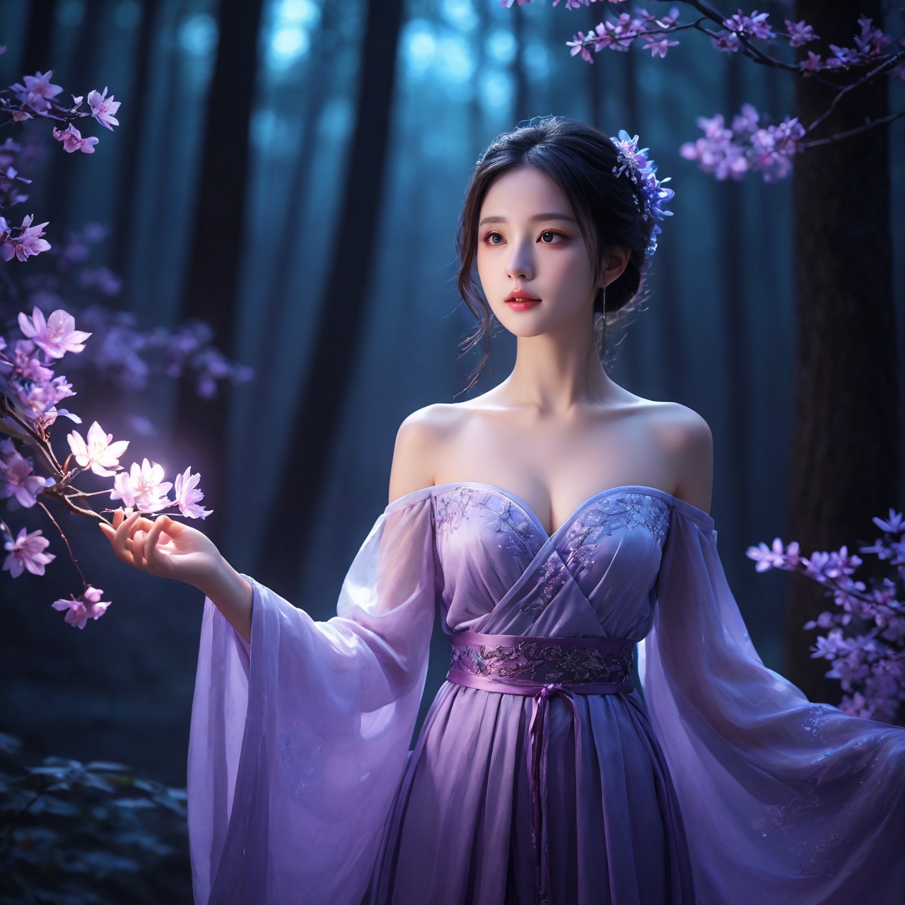 1girl,chinese hanfu,bare_shoulders,breasts,bioluminescent purple flower,fabulous night forest,magical radiance,Concept art,depth of field,Raw photo,realistic,cinematic lighting,soft shadows,sharp focus,fractal,colorful,depth of field,best quality,16k resolution,vivid colors,volumetric lighting,