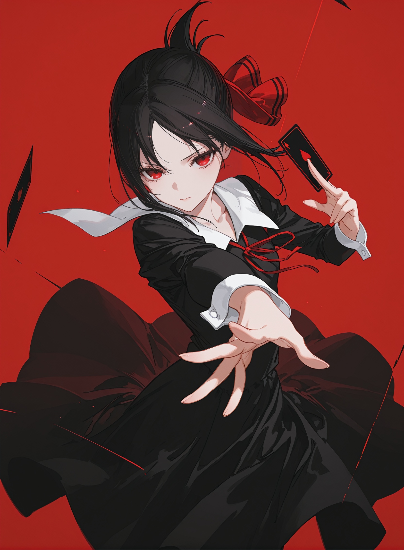 rtist:miv4t,(artist:yoneyama mai:0.8),(artlist:betabeet:0.8),(artist:rella:0.6),(artist:wanke:0.6),(artist:xilmo:0.6),masterpiece,best quality,amazing quality,newest,solo,1girl,masterpiece,best quality,high quality,newest,highres,8K,HDR,absurdres,dynamic pose,shinomiya kaguya,1girl,solo,red background,red eyes,shuuchiin academy school uniform,folded ponytail,school uniform,ribbon,dress,red ribbon,black hair,black dress,summer uniform,card,bangs,depth of field,foreshortening,depth of field,